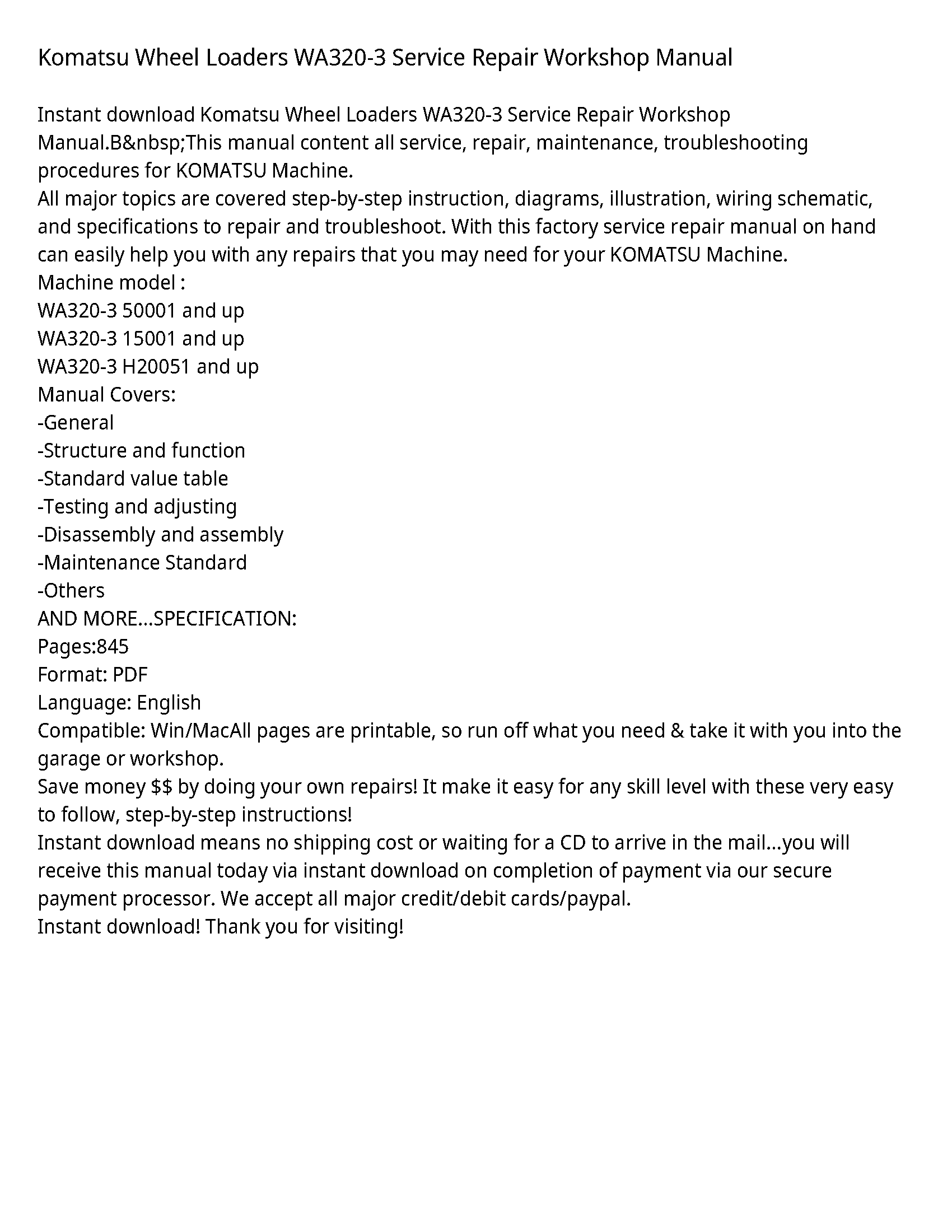 Komatsu Wheel Loaders WA320-3 Service Repair Workshop Manual