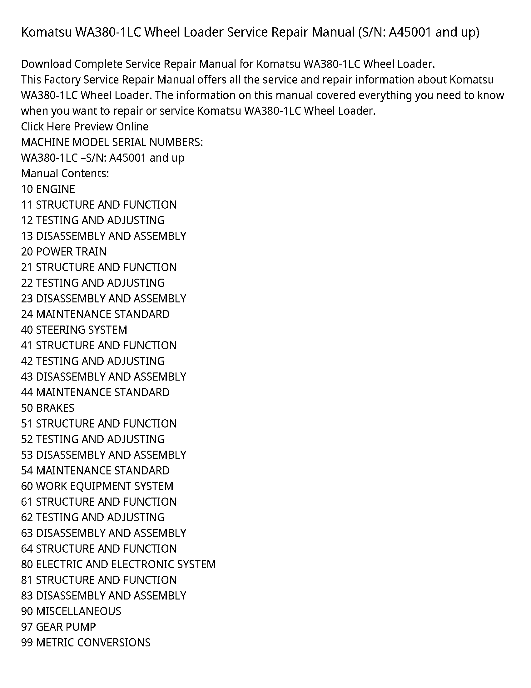 Komatsu WA380-1LC Wheel Loader Service Repair Manual (S/N: A45001 and up)