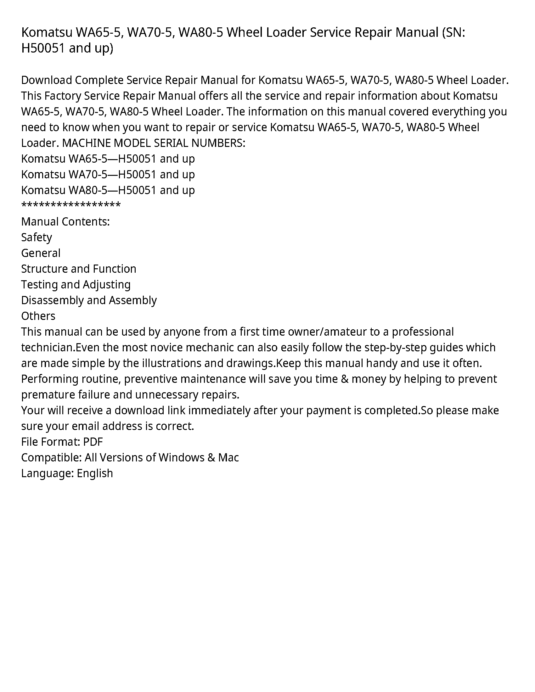 Komatsu WA65-5  WA70-5  WA80-5 Wheel Loader Service Repair Manual (SN: H50051 and up)