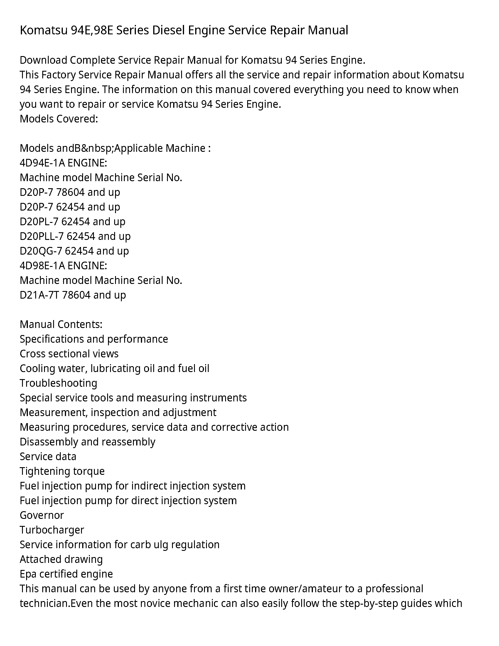 Komatsu 94E 98E Series Diesel Engine Service Repair Manual