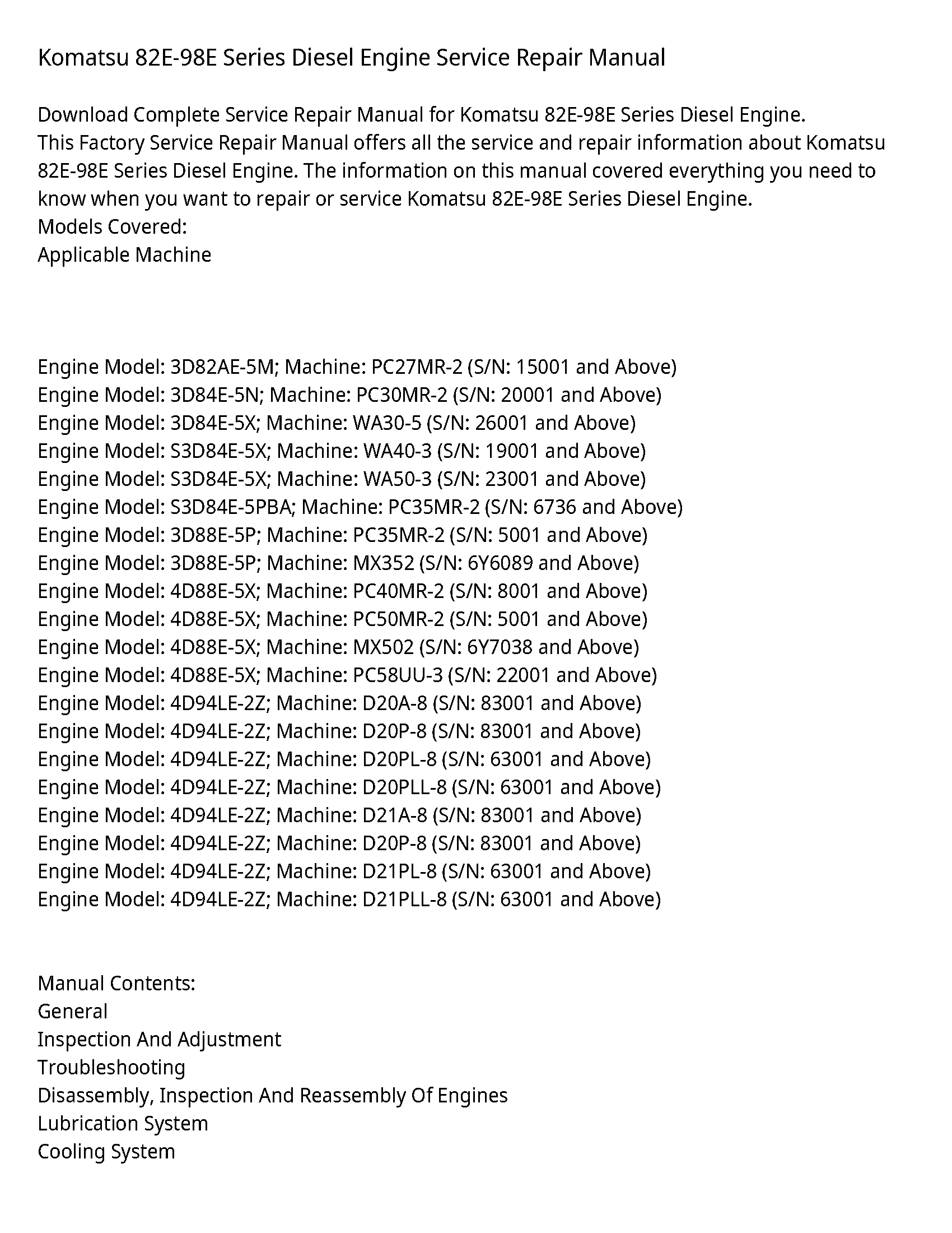 Komatsu 82E-98E Series Diesel Engine Service Repair Manual