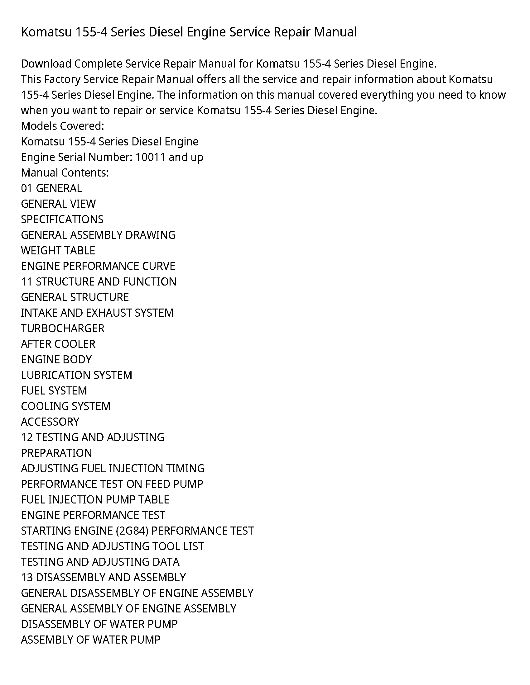 Komatsu 155-4 Series Diesel Engine Service Repair Manual