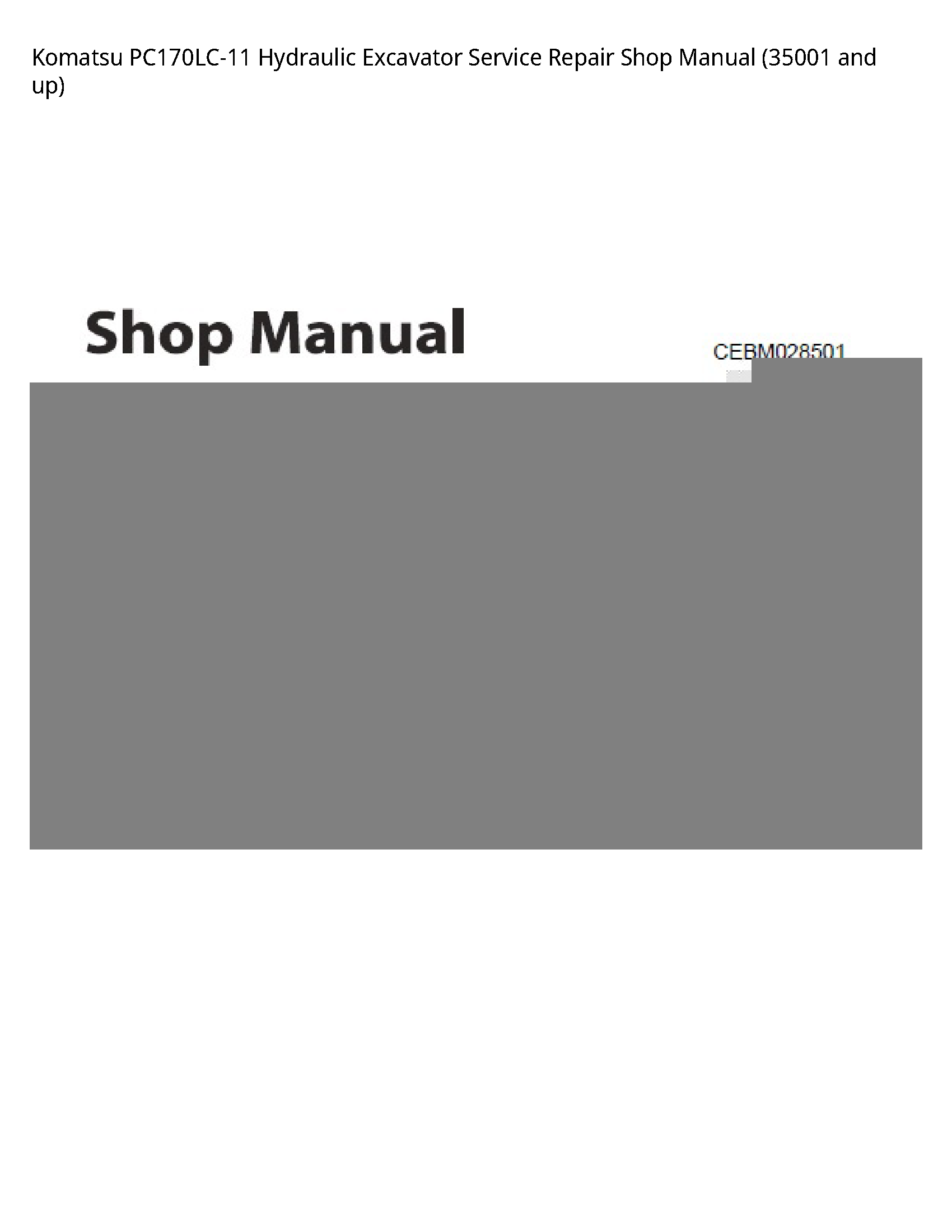 Komatsu PC170LC-11 Hydraulic Excavator Service Repair Shop Manual (35001 and up)