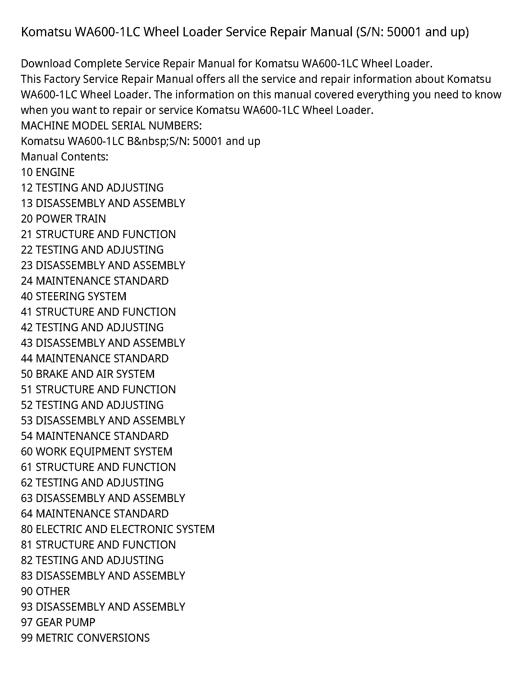 Komatsu WA600-1LC Wheel Loader Service Repair Manual (S/N: 50001 and up)