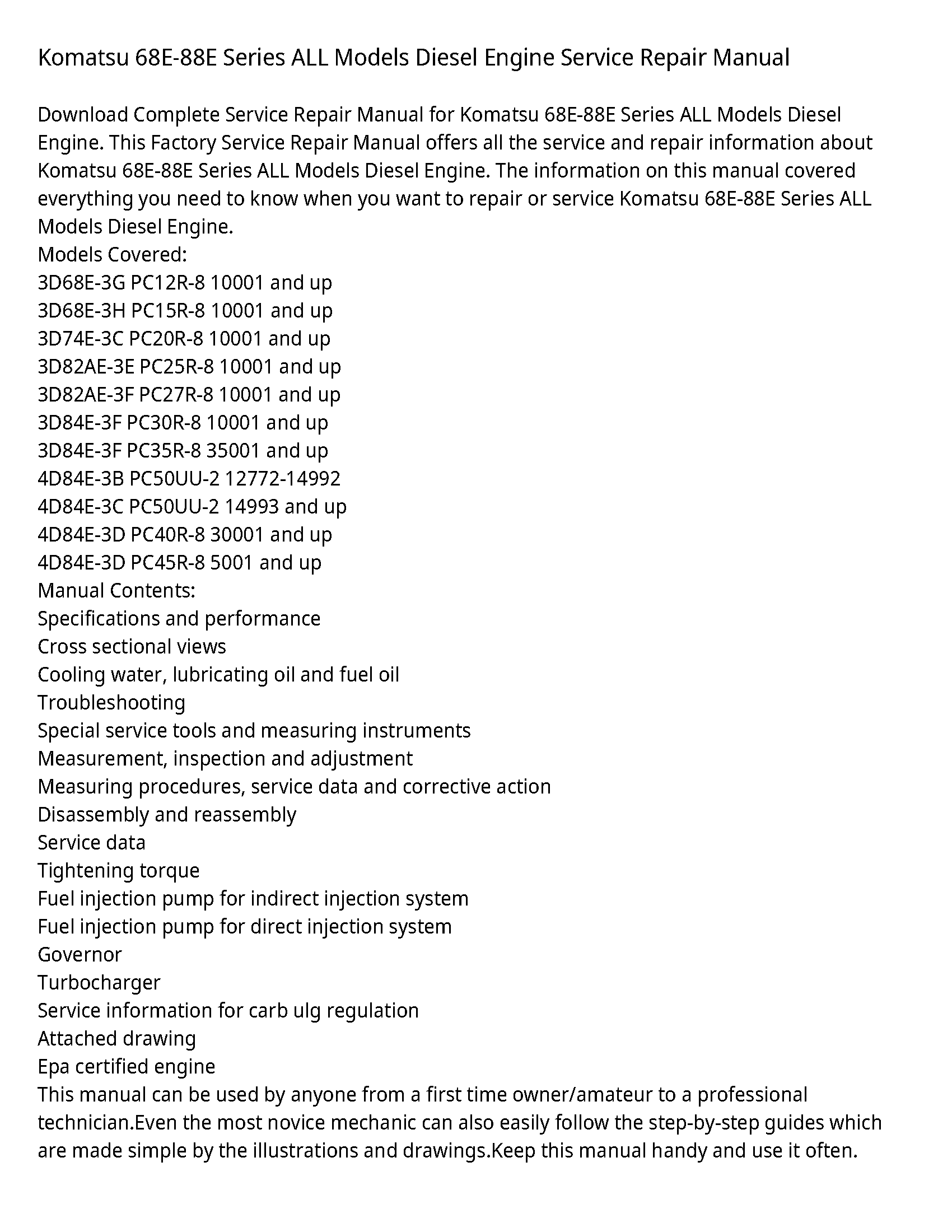 Komatsu 68E-88E Series ALL Models Diesel Engine Service Repair Manual