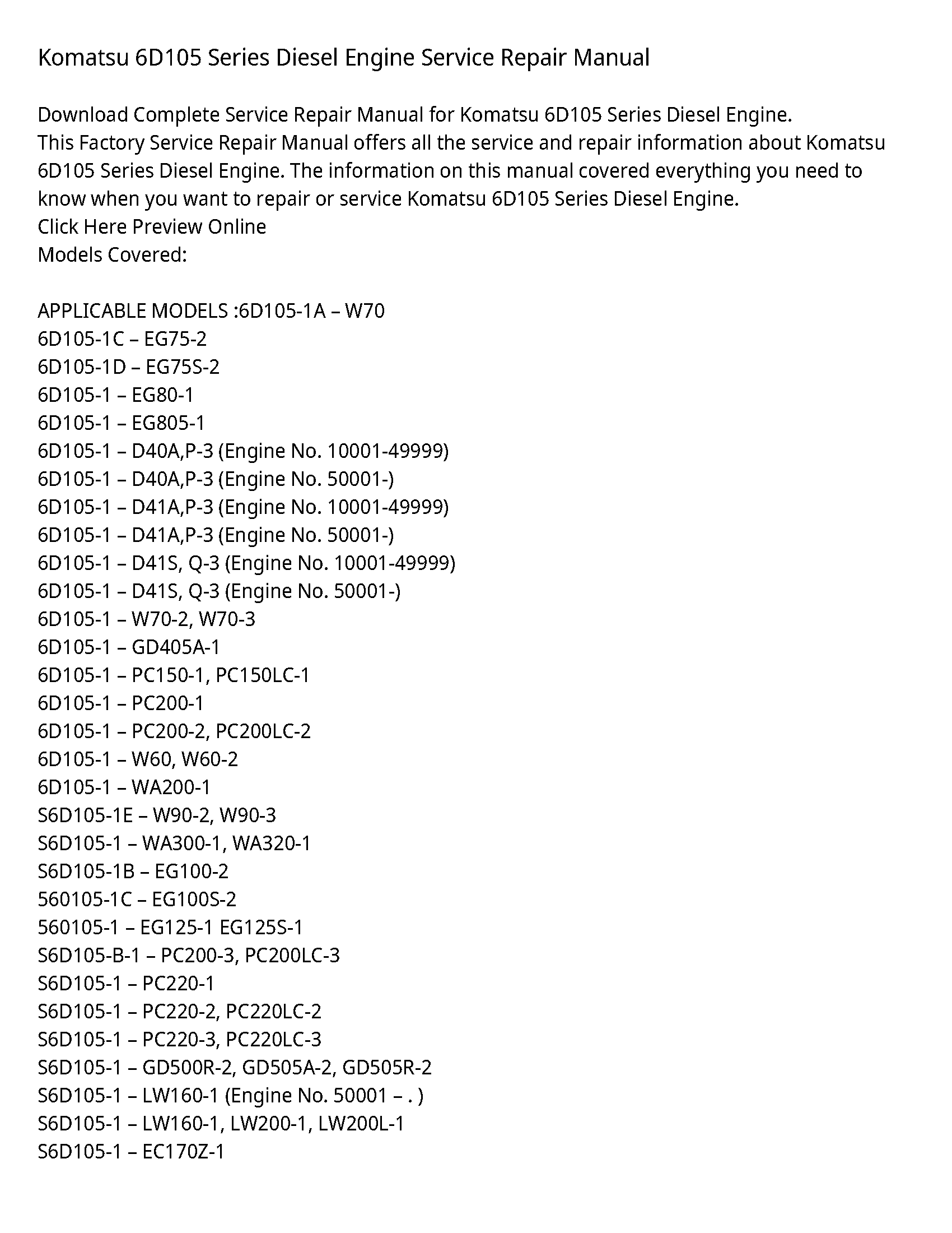 Komatsu 6D105 Series Diesel Engine Service Repair Manual