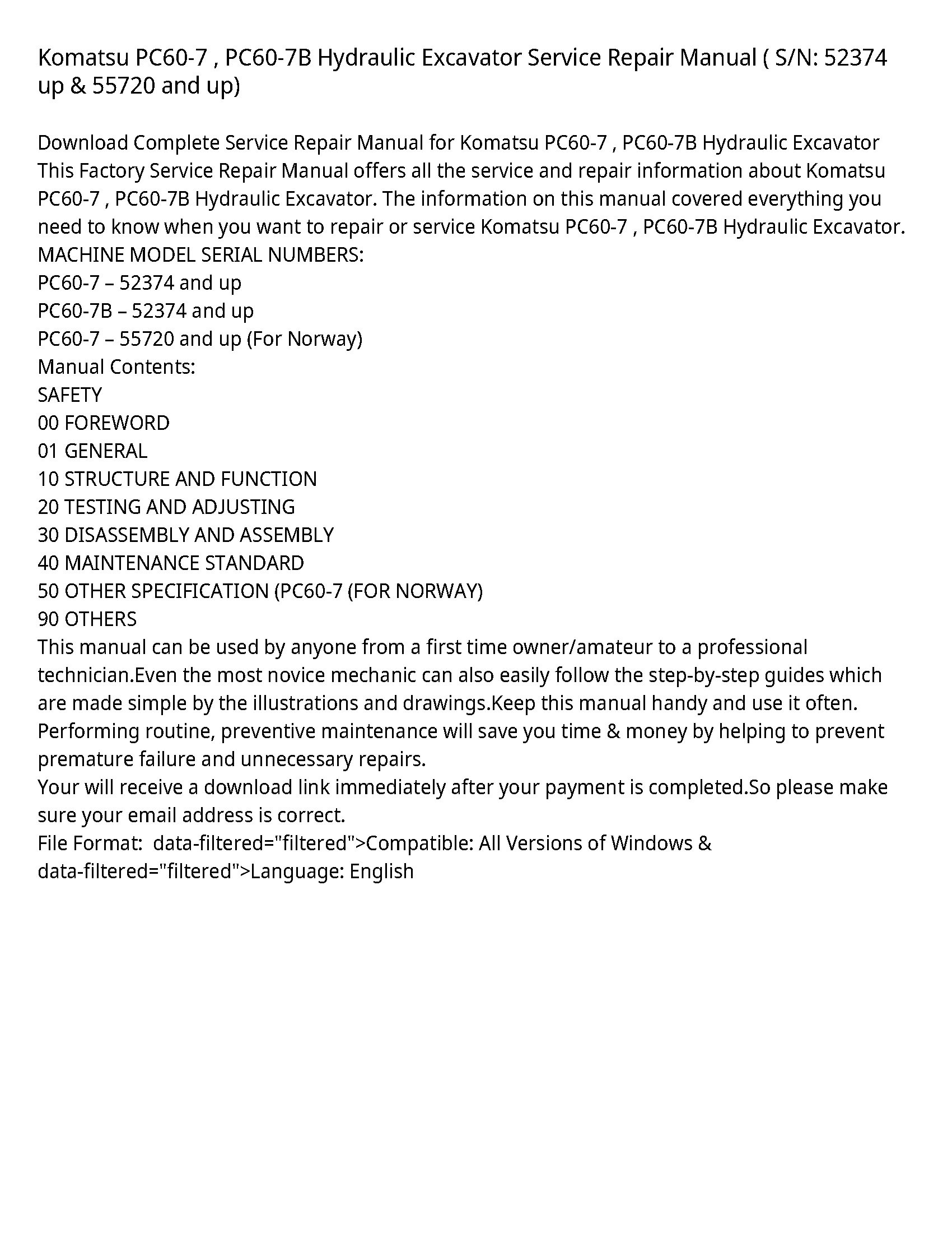 Komatsu PC60-7   PC60-7B Hydraulic Excavator Service Repair Manual ( S/N: 52374 up & 55720 and up)