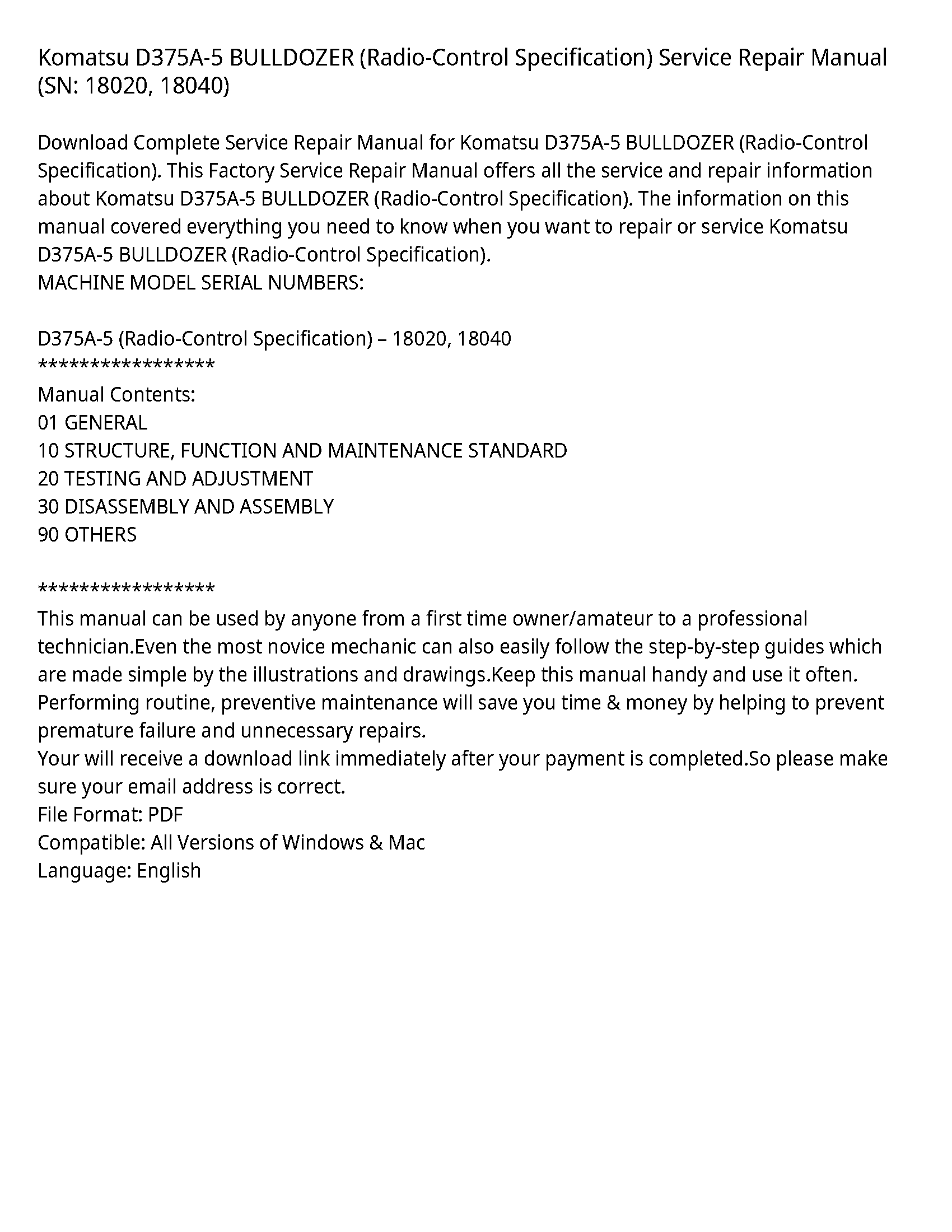 Komatsu D375A-5 BULLDOZER (Radio-Control Specification) Service Repair Manual (SN: 18020  18040)