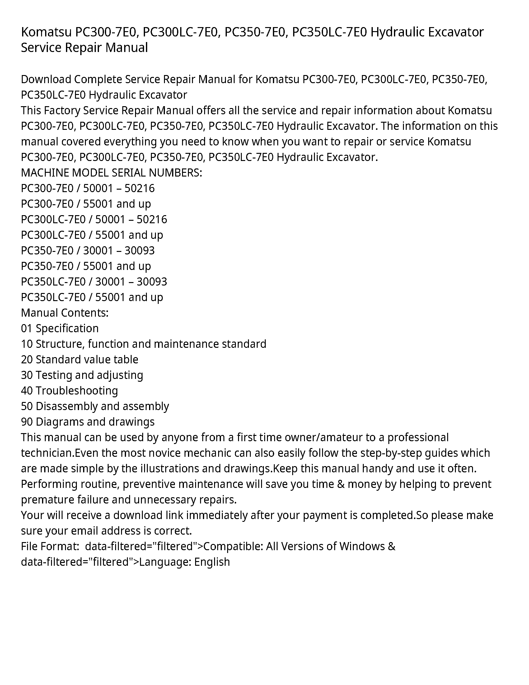 Komatsu PC300-7E0  PC300LC-7E0  PC350-7E0  PC350LC-7E0 Hydraulic Excavator Service Repair Manual