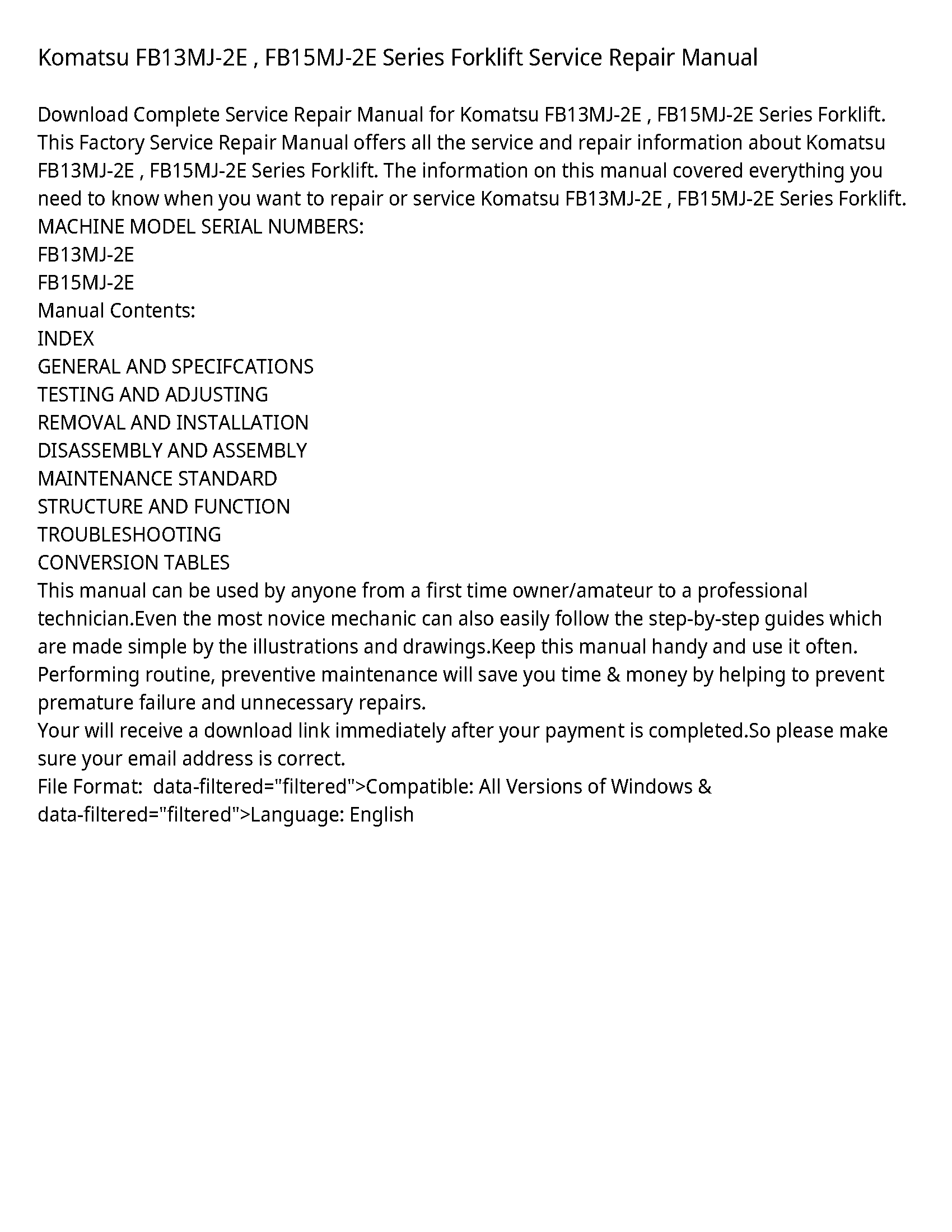 Komatsu FB13MJ-2E   FB15MJ-2E Series Forklift Service Repair Manual