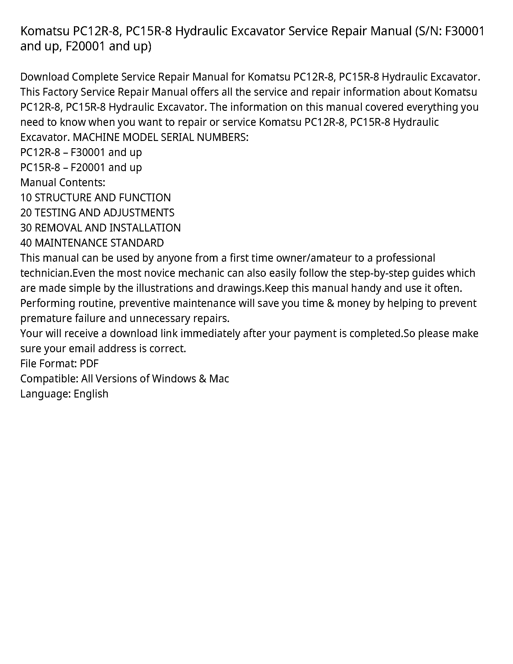 Komatsu PC12R-8  PC15R-8 Hydraulic Excavator Service Repair Manual (S/N: F30001 and up  F20001 and up)