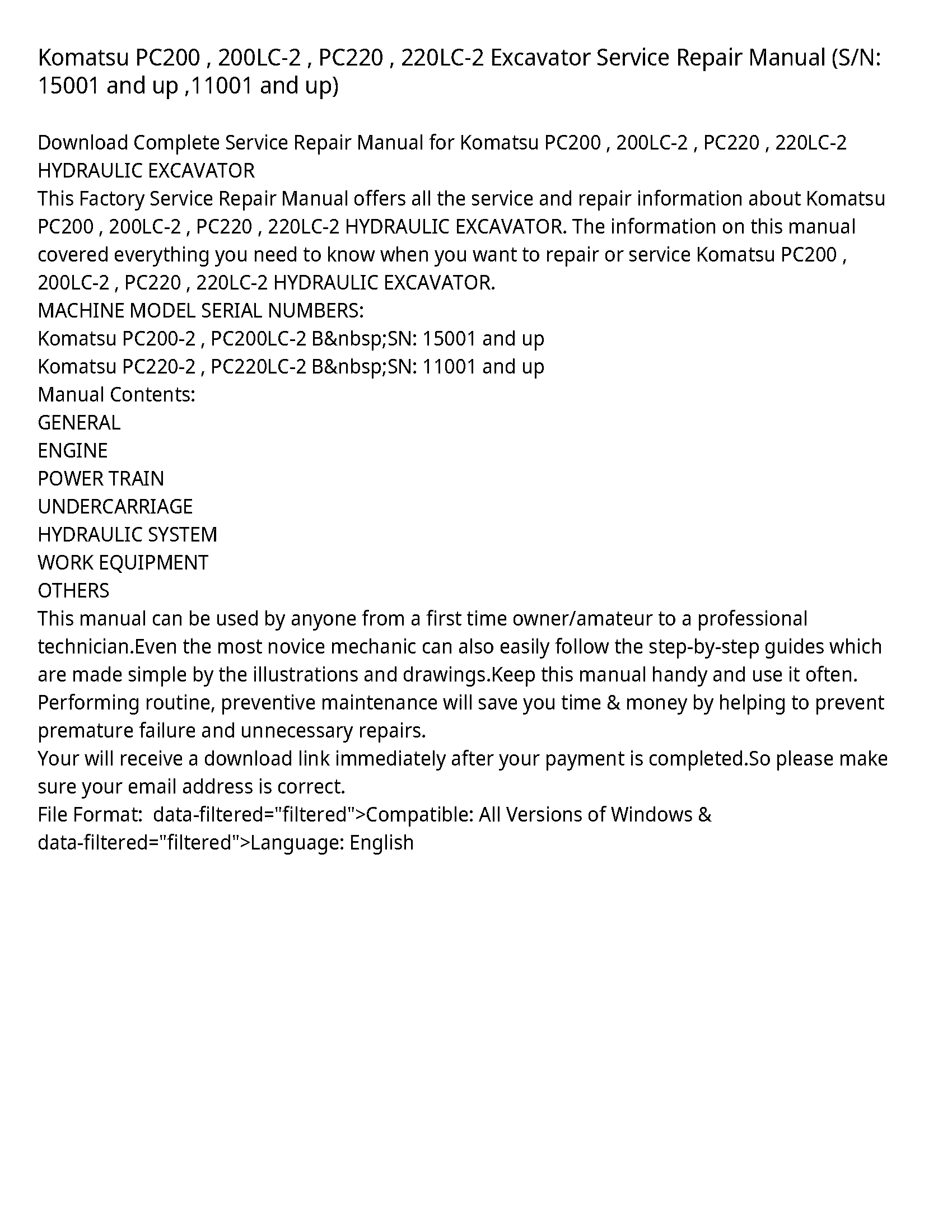 Komatsu PC200   200LC-2   PC220   220LC-2 Excavator Service Repair Manual (S/N: 15001 and up  11001 and up)