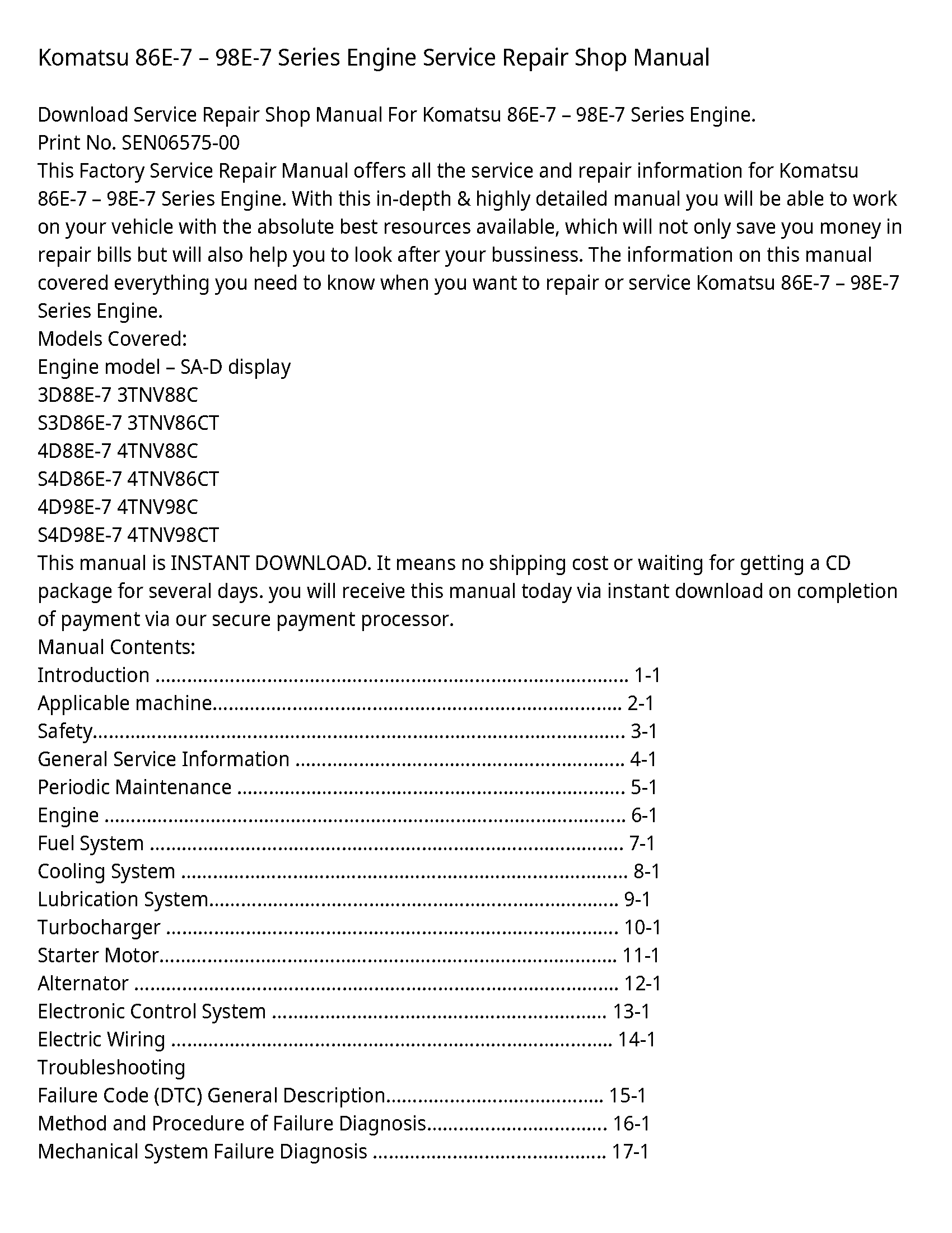 Komatsu 86E-7 вЂ“ 98E-7 Series Engine Service Repair Shop Manual