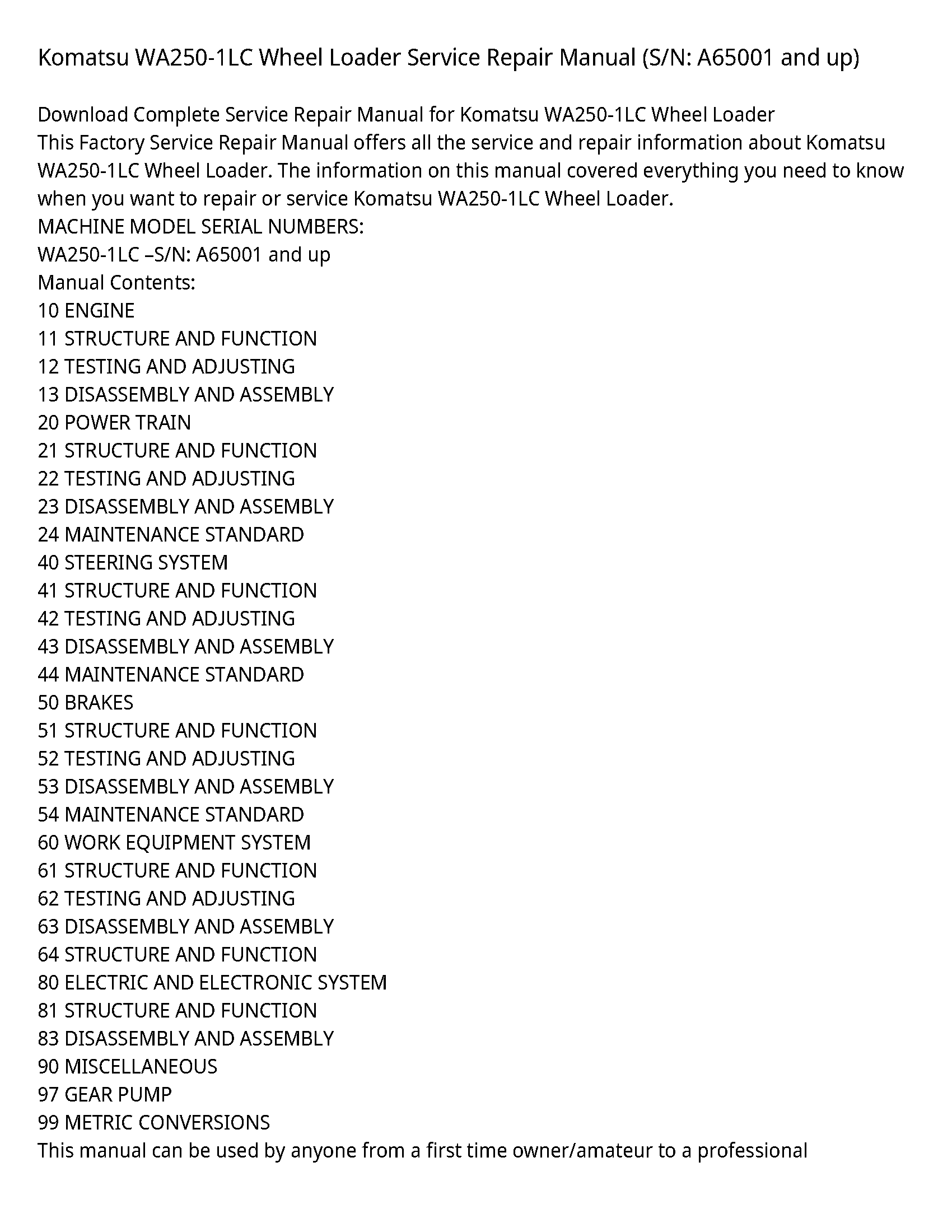 Komatsu WA250-1LC Wheel Loader Service Repair Manual (S/N: A65001 and up)