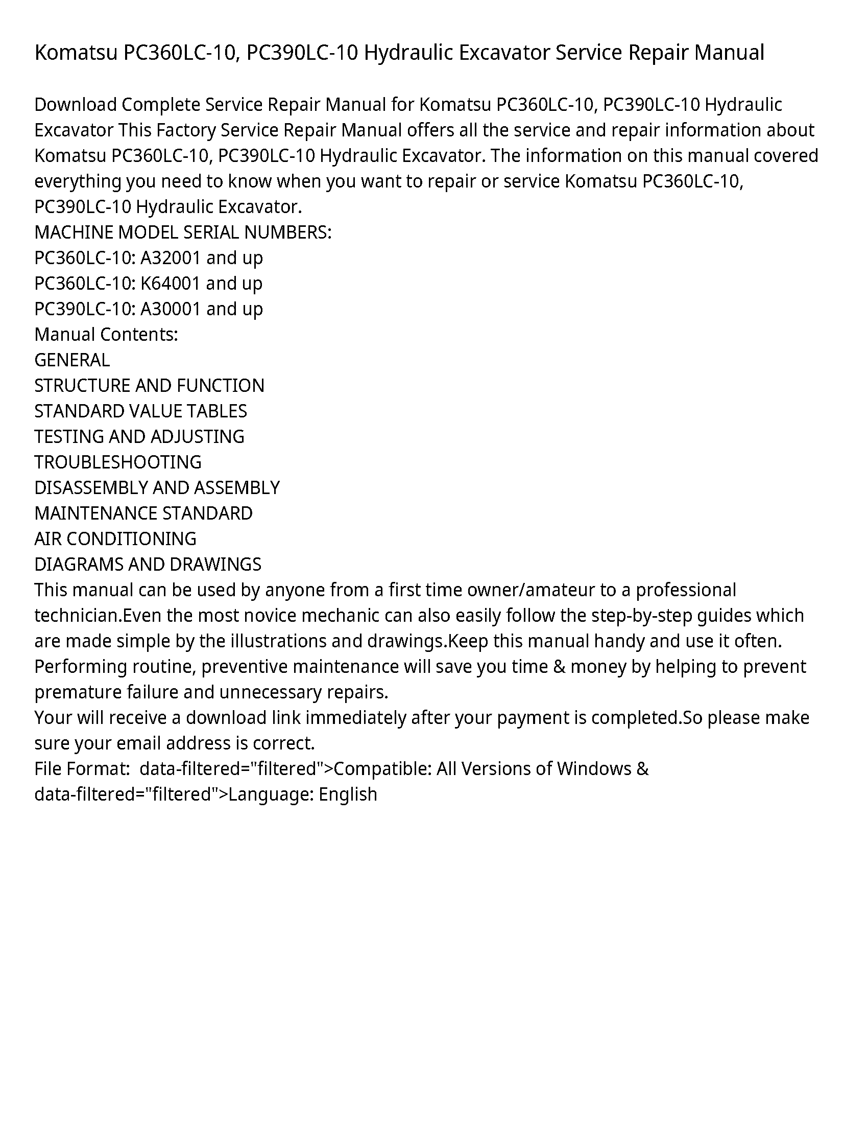 Komatsu PC360LC-10  PC390LC-10 Hydraulic Excavator Service Repair Manual