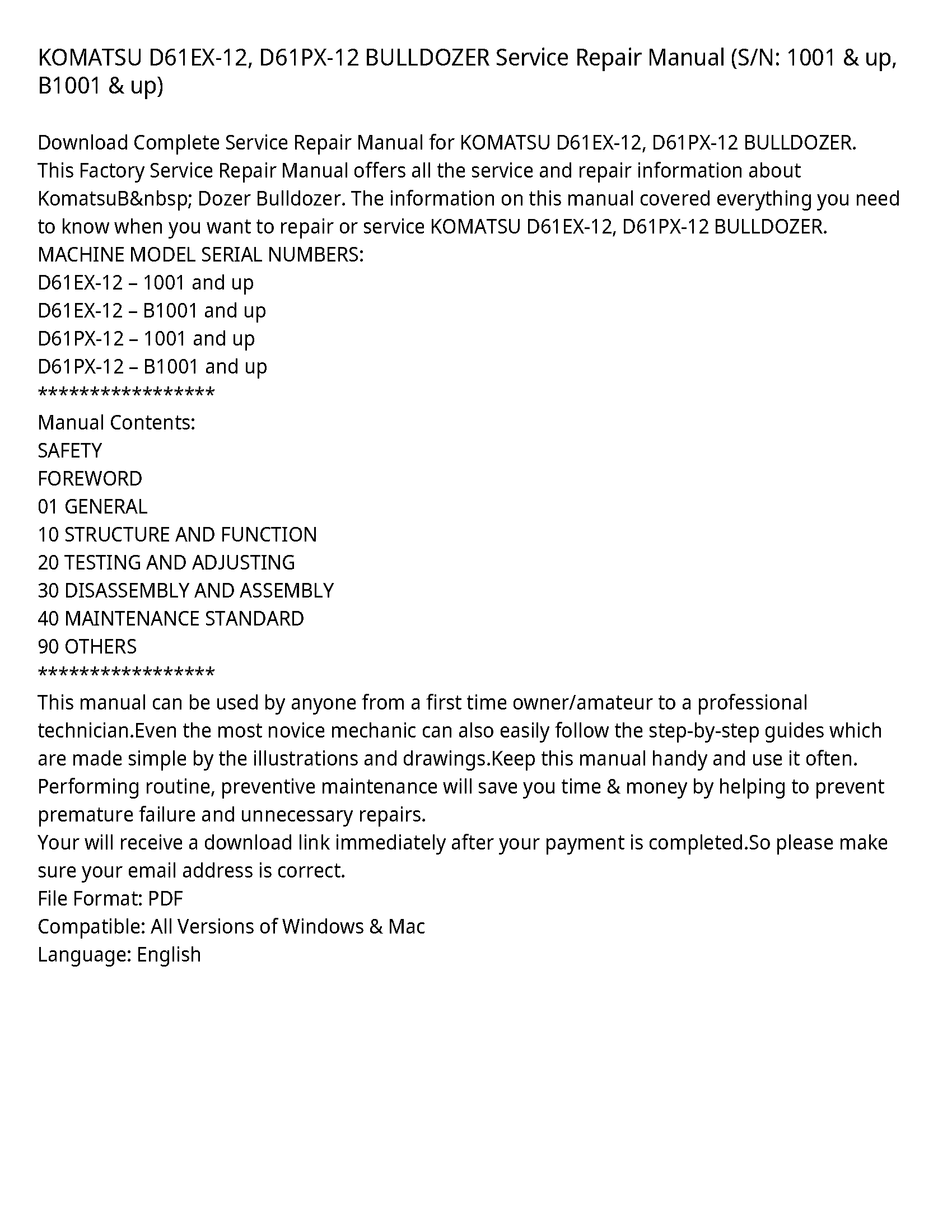 KOMATSU D61EX-12  D61PX-12 BULLDOZER Service Repair Manual (S/N: 1001 & up  B1001 & up)