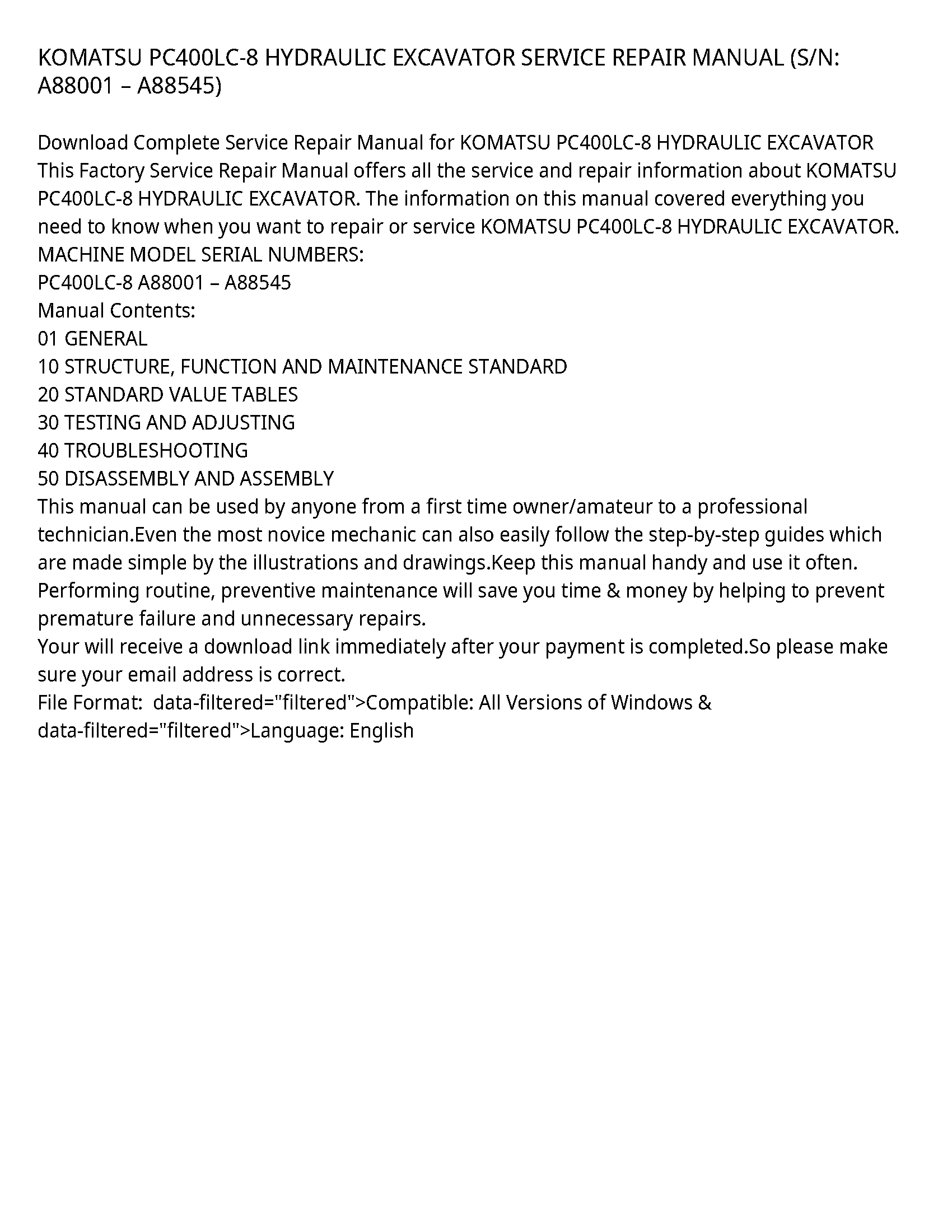 KOMATSU PC400LC-8 HYDRAULIC EXCAVATOR SERVICE REPAIR MANUAL (S/N: A88001 вЂ“ A88545)