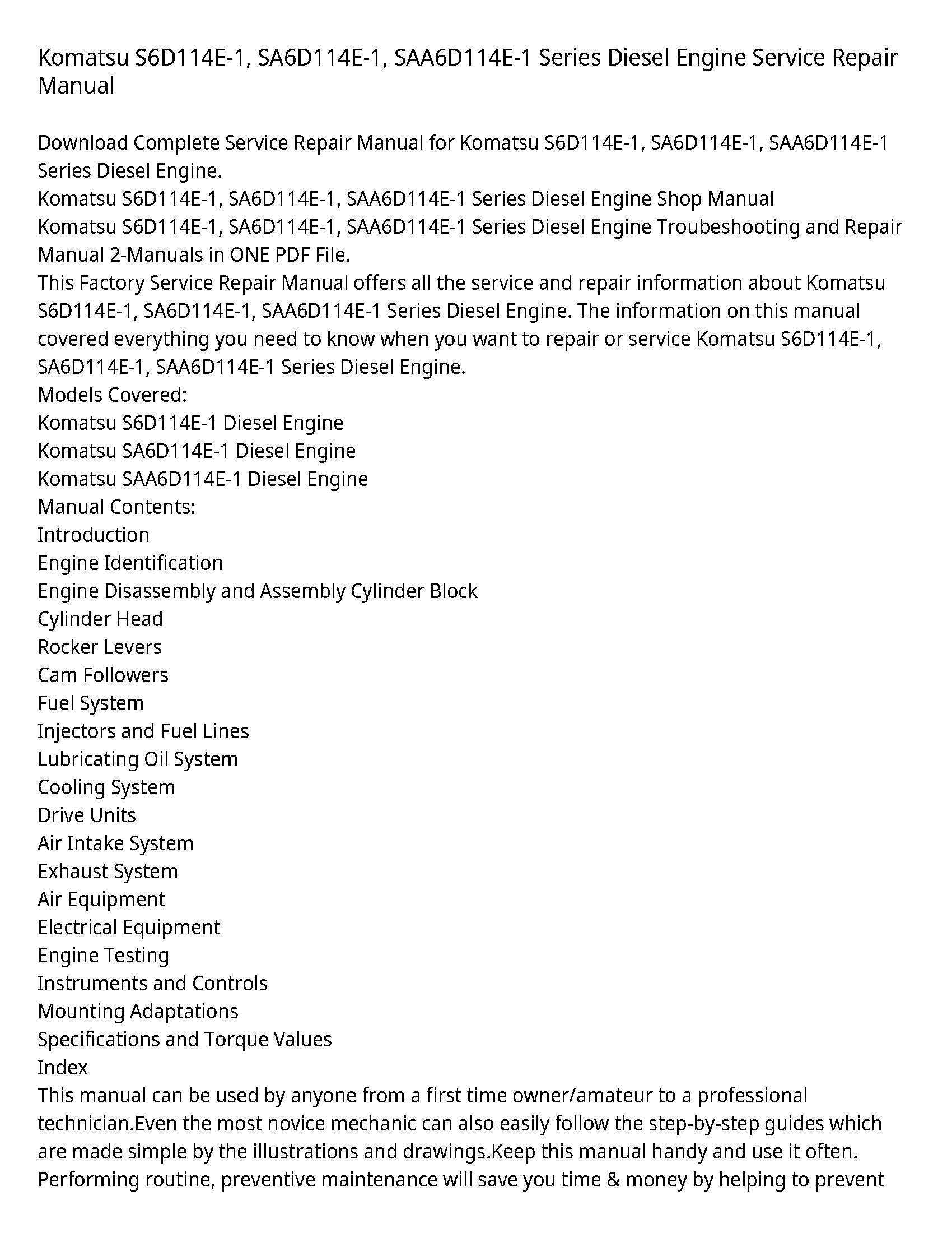 Komatsu S6D114E-1  SA6D114E-1  SAA6D114E-1 Series Diesel Engine Service Repair Manual