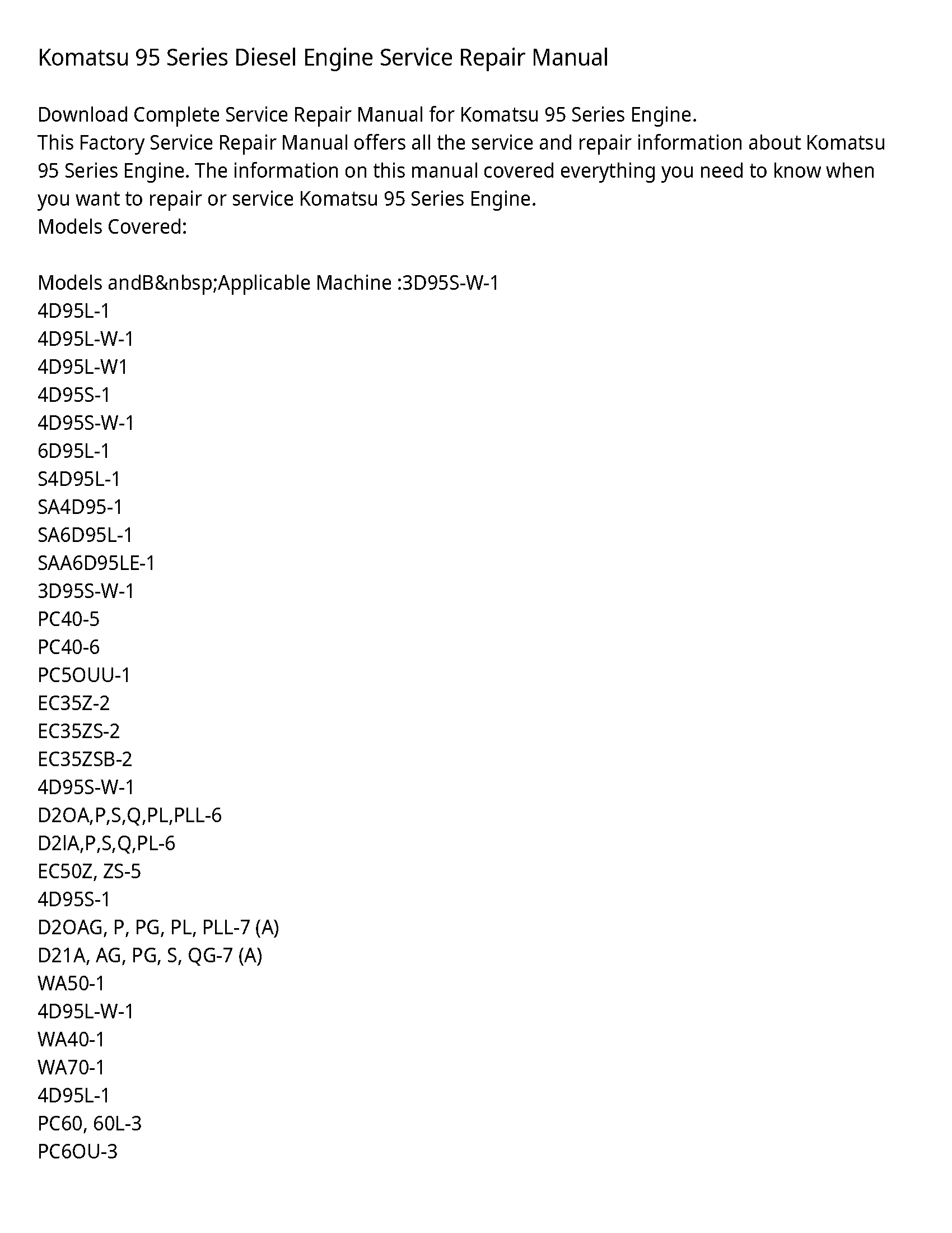 Komatsu 95 Series Diesel Engine Service Repair Manual