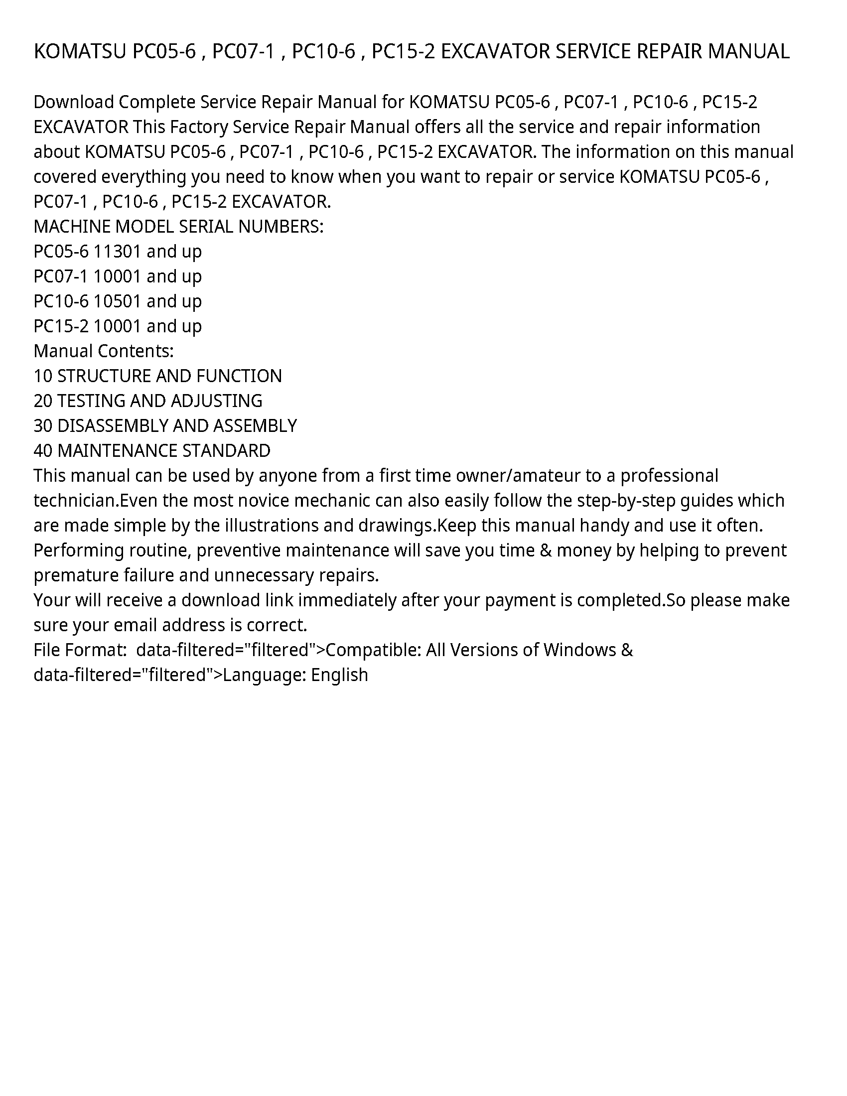 KOMATSU PC05-6   PC07-1   PC10-6   PC15-2 EXCAVATOR SERVICE REPAIR MANUAL