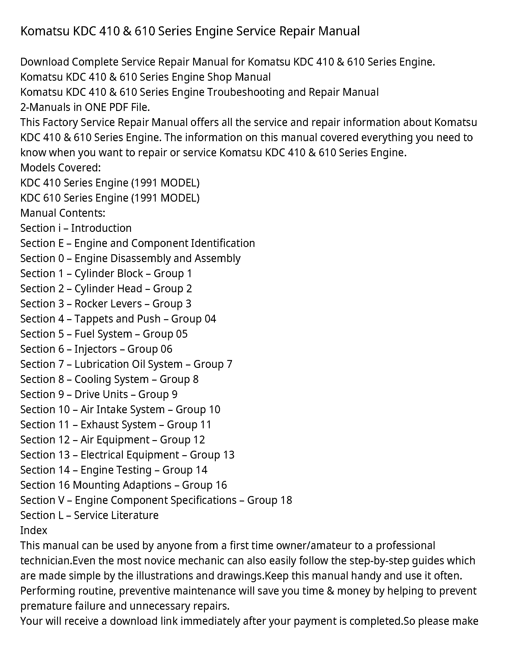 Komatsu KDC 410 & 610 Series Engine Service Repair Manual