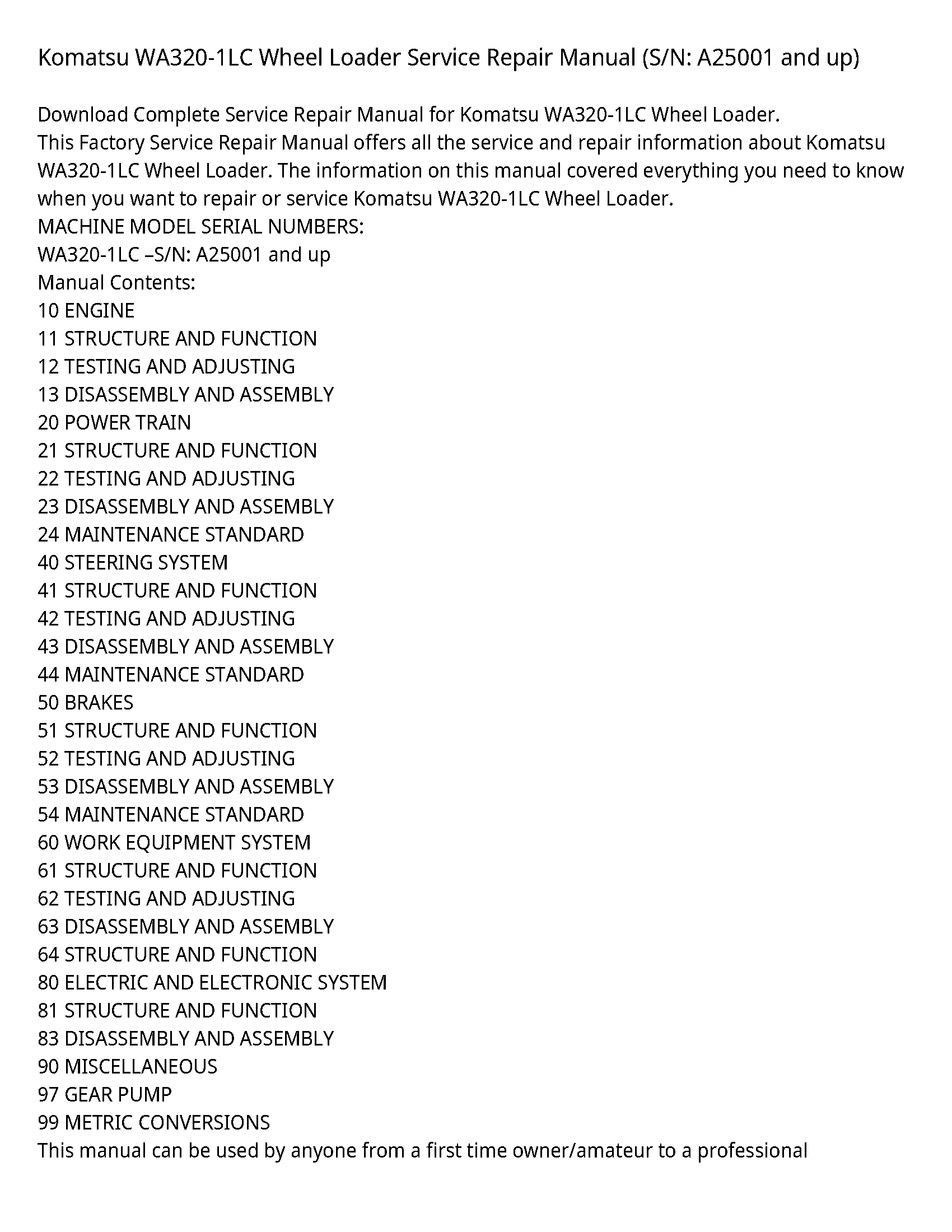 Komatsu WA320-1LC Wheel Loader Service Repair Manual (S/N: A25001 and up)