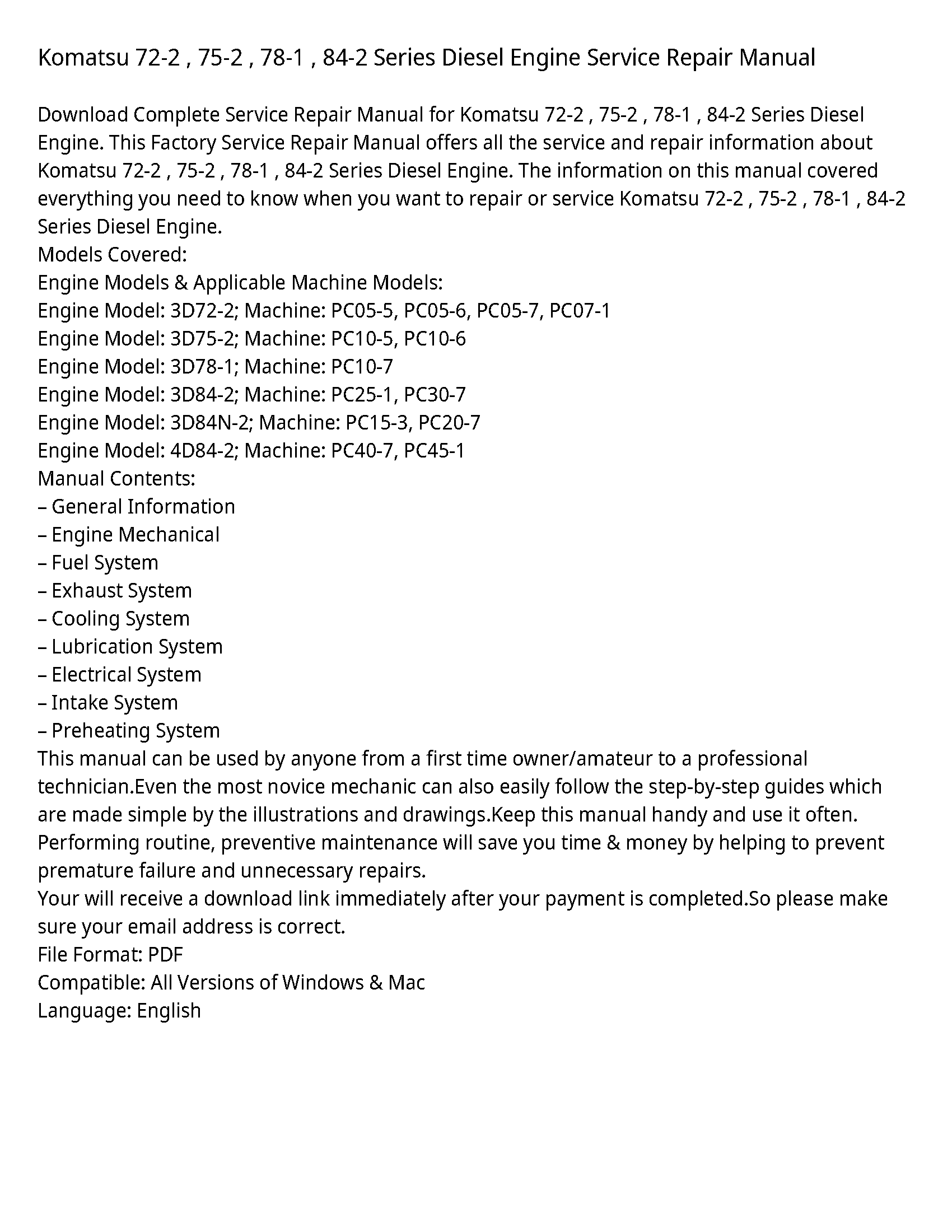 Komatsu 72-2   75-2   78-1   84-2 Series Diesel Engine Service Repair Manual