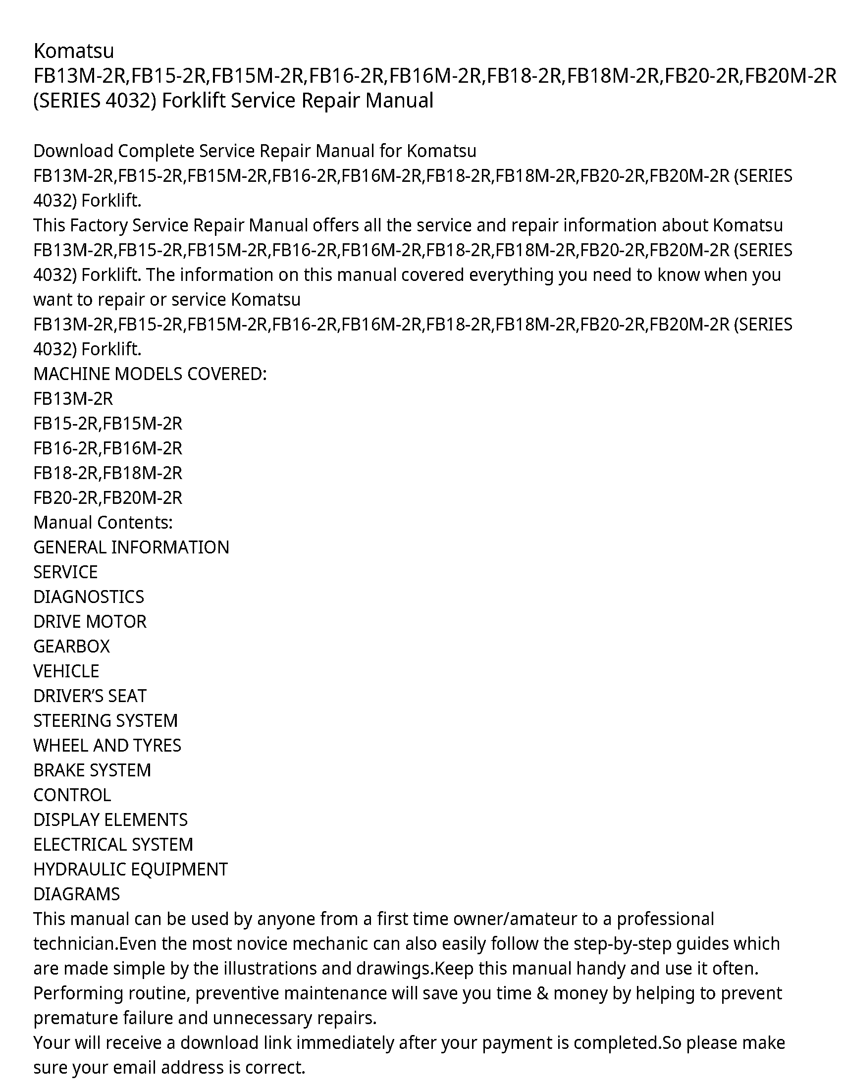 Komatsu FB13M-2R FB15-2R FB15M-2R FB16-2R FB16M-2R FB18-2R FB18M-2R FB20-2R FB20M-2R (SERIES 4032) Forklift Service Repair Manual