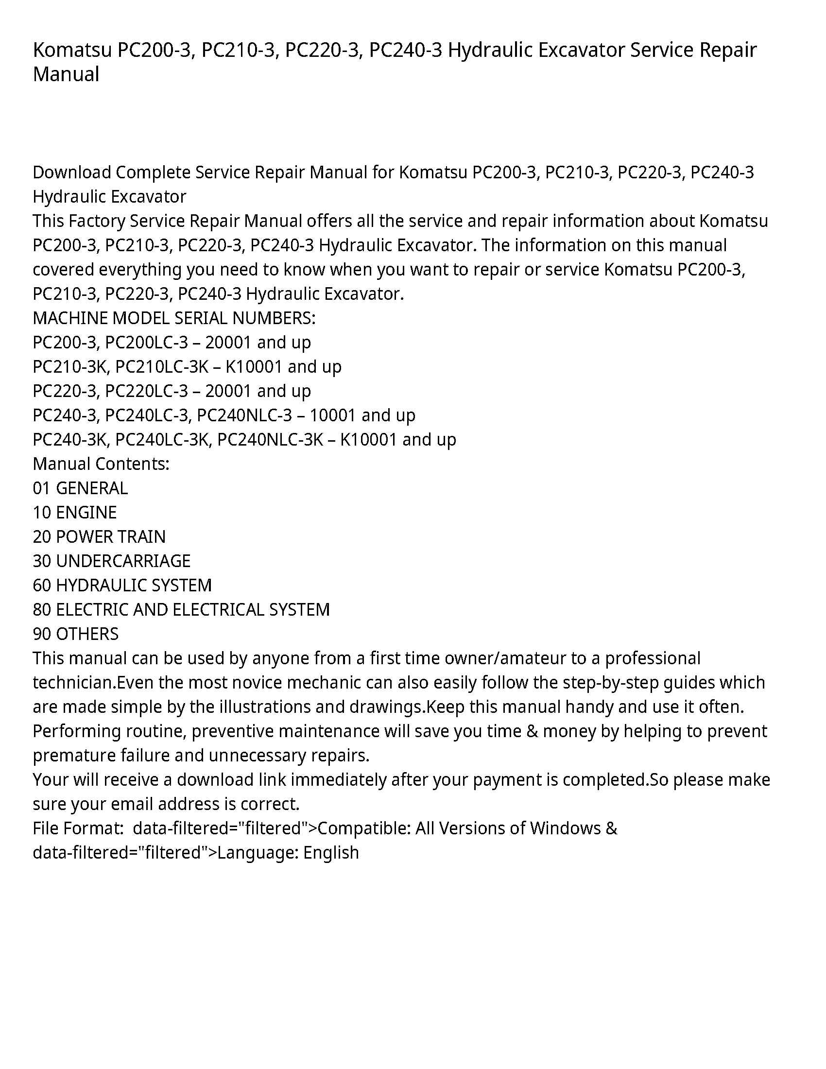 Komatsu PC200-3  PC210-3  PC220-3  PC240-3 Hydraulic Excavator Service Repair Manual