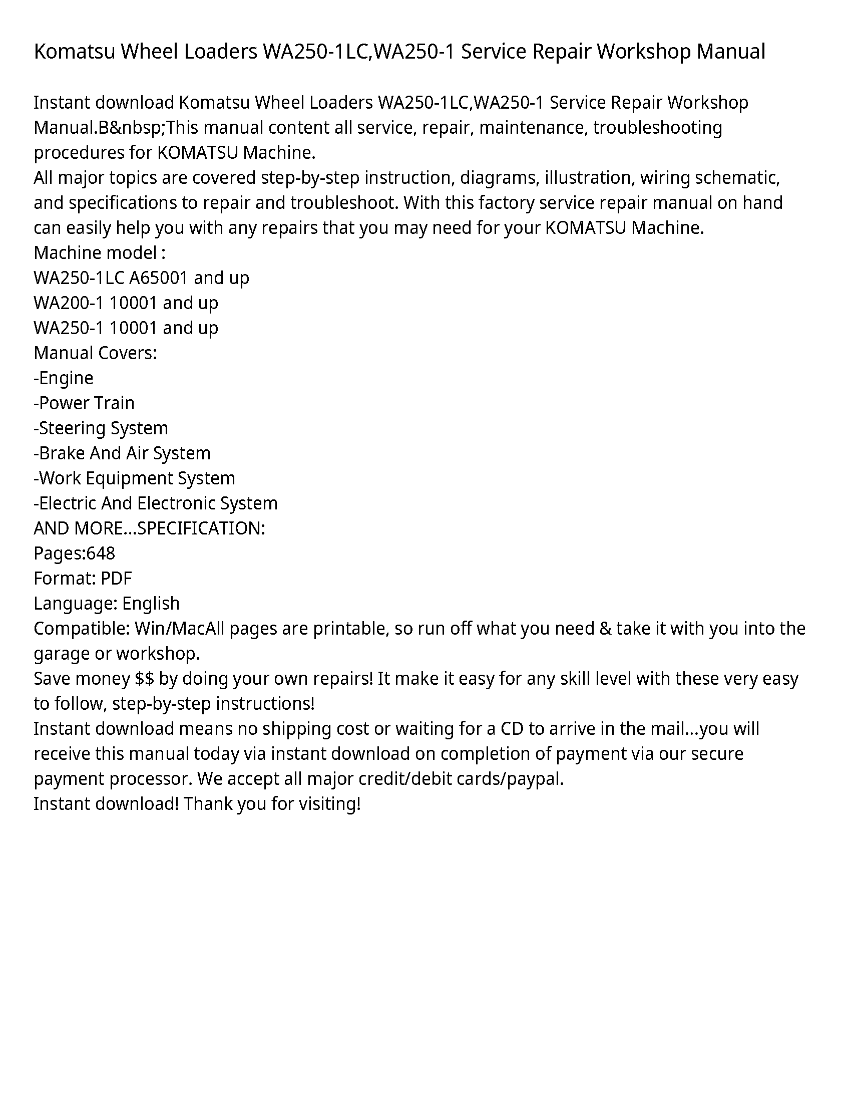 Komatsu Wheel Loaders WA250-1LC WA250-1 Service Repair Workshop Manual