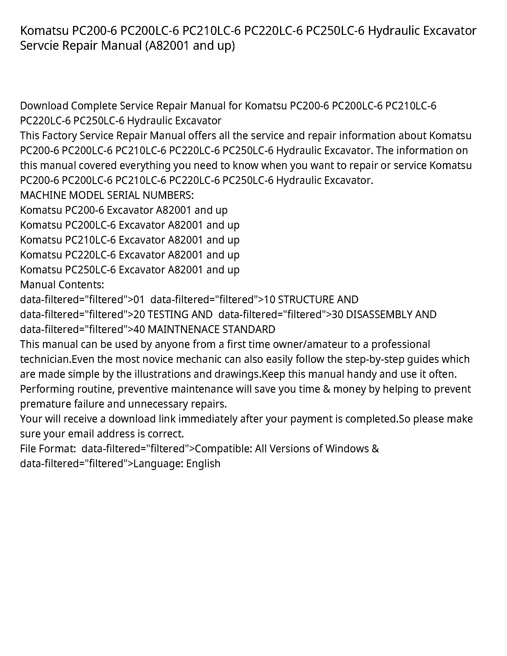 Komatsu PC200-6 PC200LC-6 PC210LC-6 PC220LC-6 PC250LC-6 Hydraulic Excavator Servcie Repair Manual (A82001 and up)