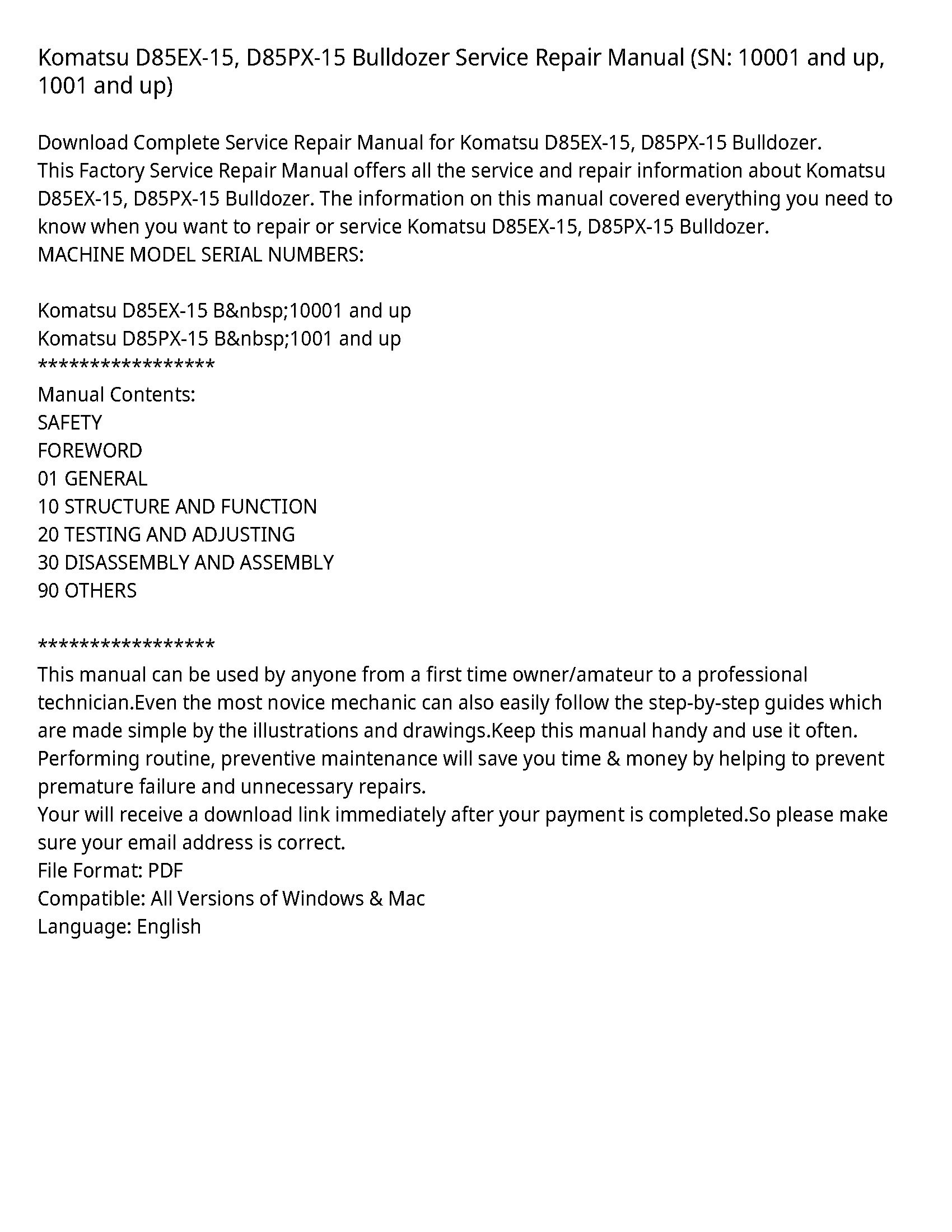 Komatsu D85EX-15  D85PX-15 Bulldozer Service Repair Manual (SN: 10001 and up  1001 and up)