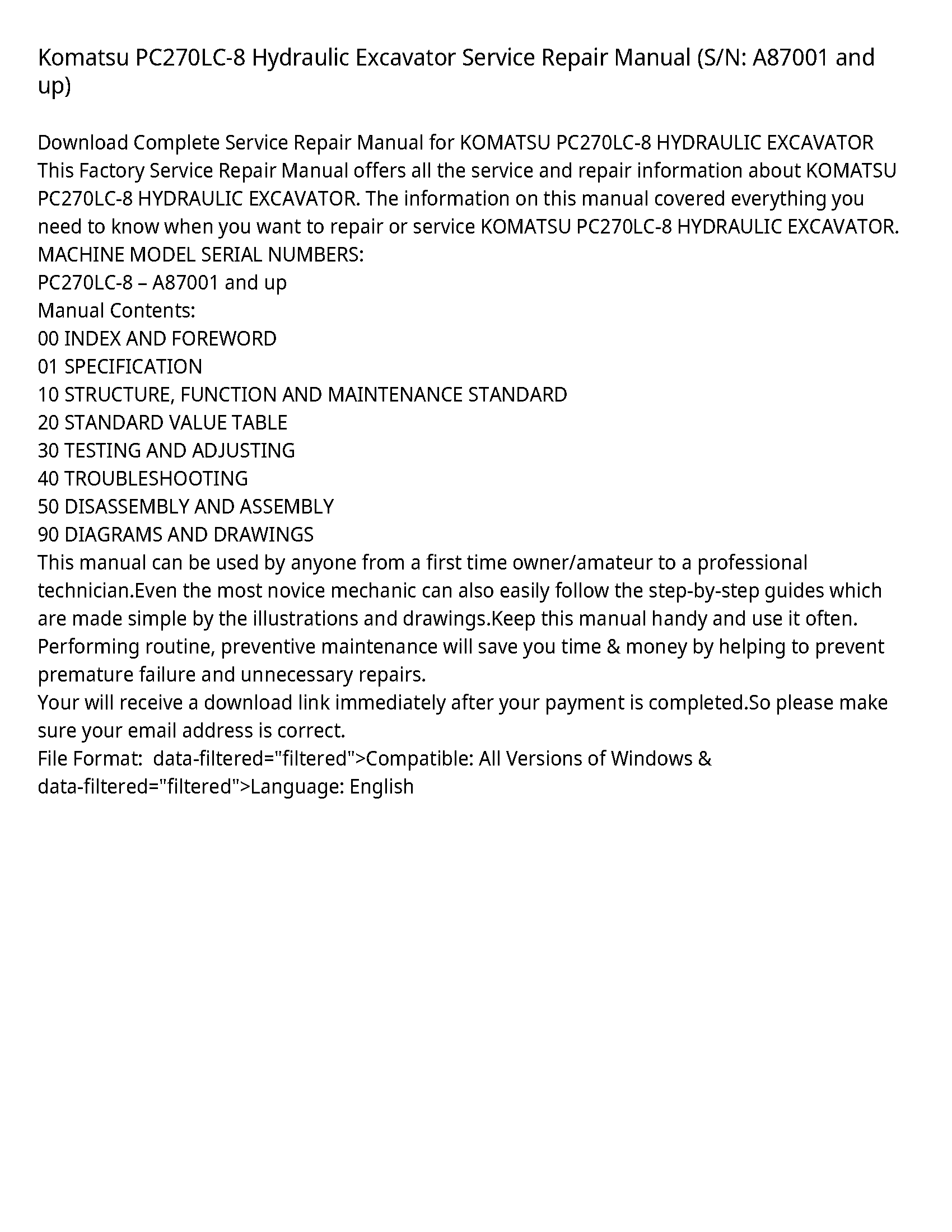 Komatsu PC270LC-8 Hydraulic Excavator Service Repair Manual (S/N: A87001 and up)