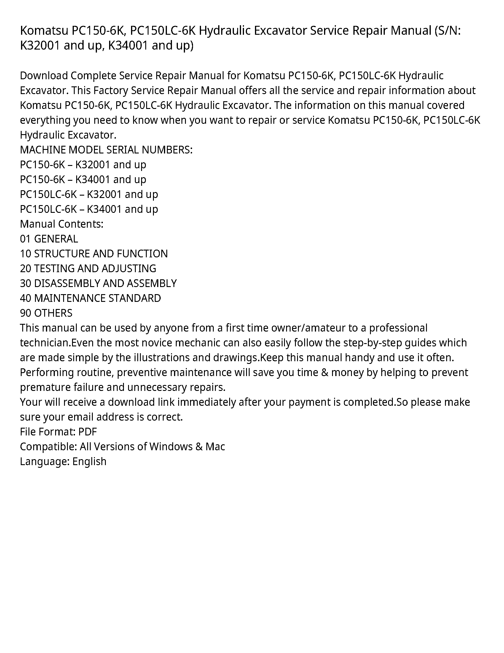 Komatsu PC150-6K  PC150LC-6K Hydraulic Excavator Service Repair Manual (S/N: K32001 and up  K34001 and up)