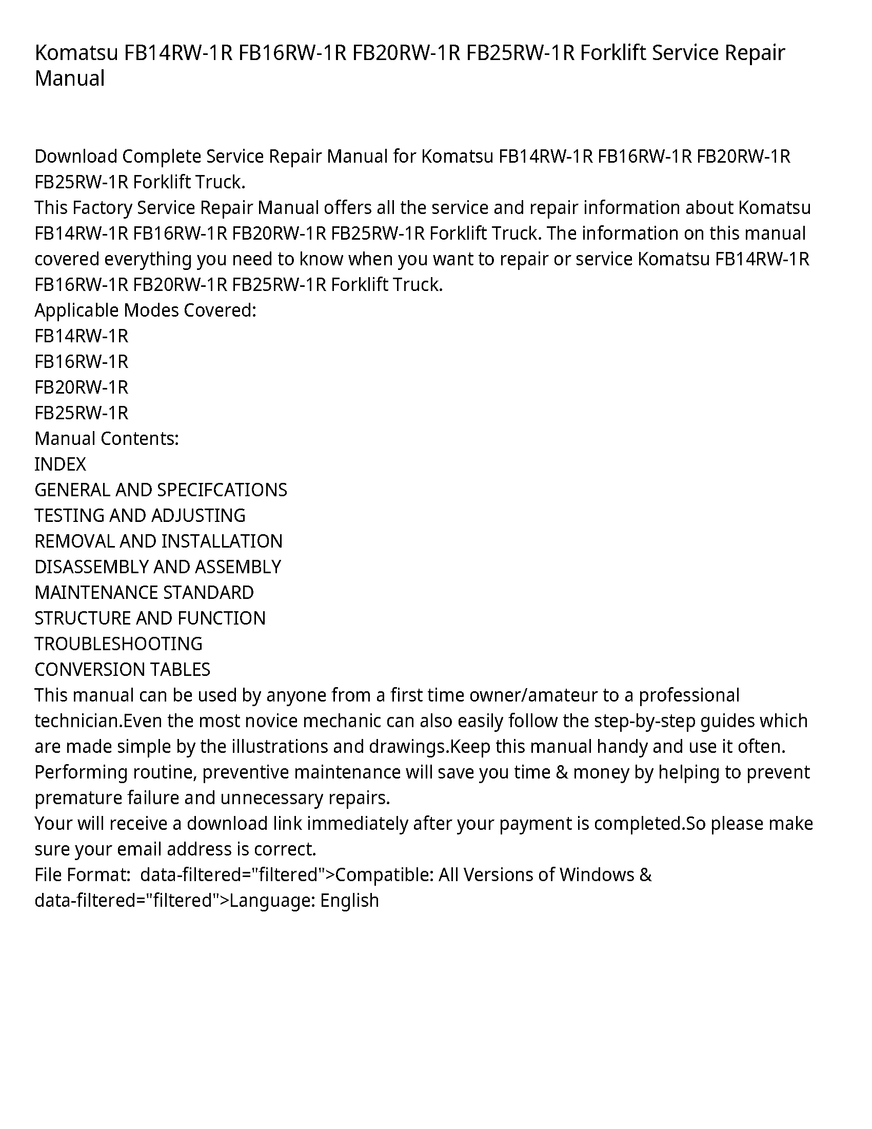 Komatsu FB14RW-1R FB16RW-1R FB20RW-1R FB25RW-1R Forklift Service Repair Manual