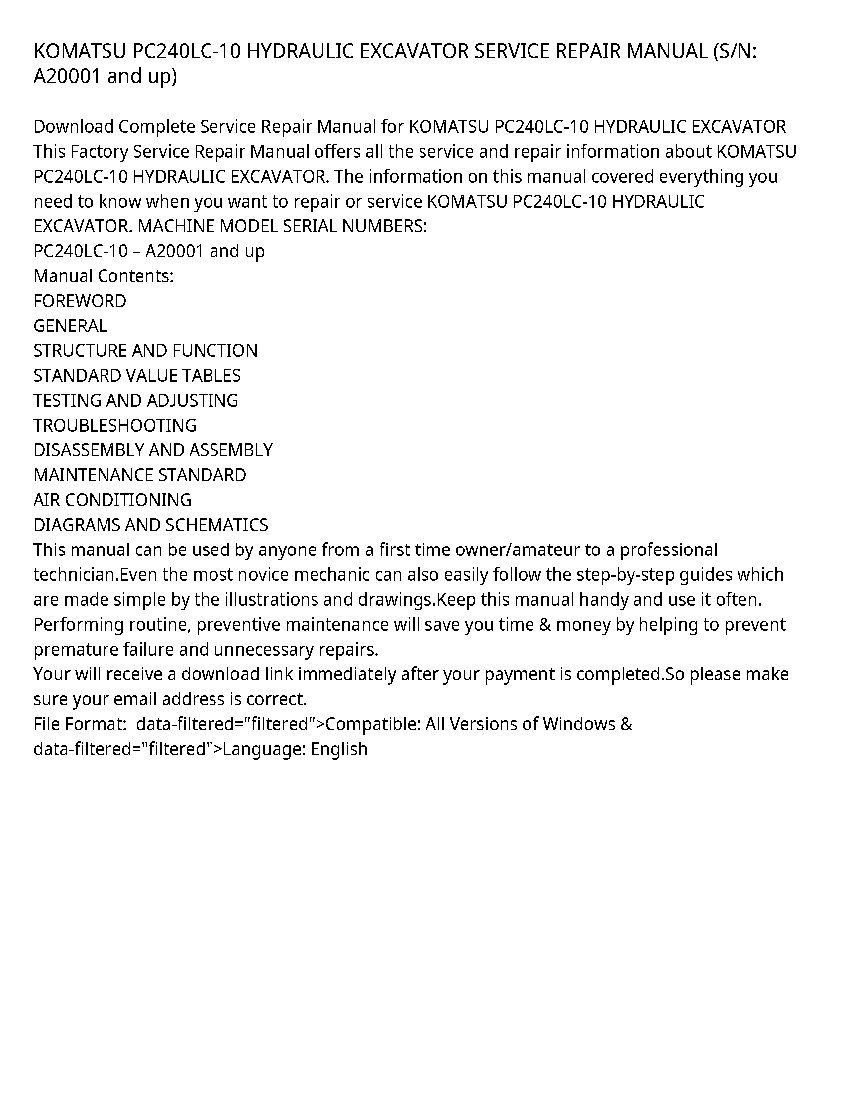 KOMATSU PC240LC-10 HYDRAULIC EXCAVATOR SERVICE REPAIR MANUAL (S/N: A20001 and up)