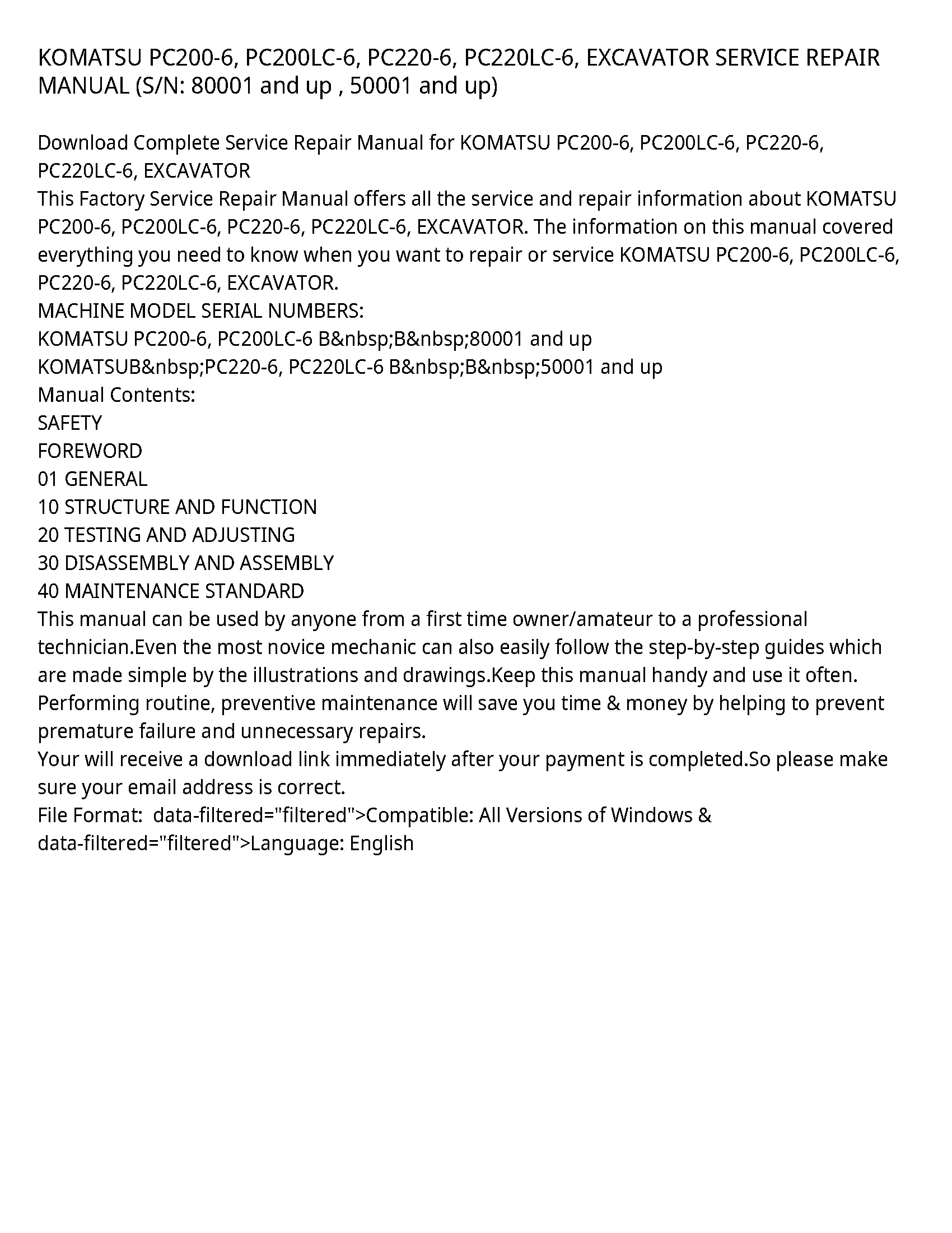 KOMATSU PC200-6  PC200LC-6  PC220-6  PC220LC-6  EXCAVATOR SERVICE REPAIR MANUAL (S/N: 80001 and up   50001 and up)