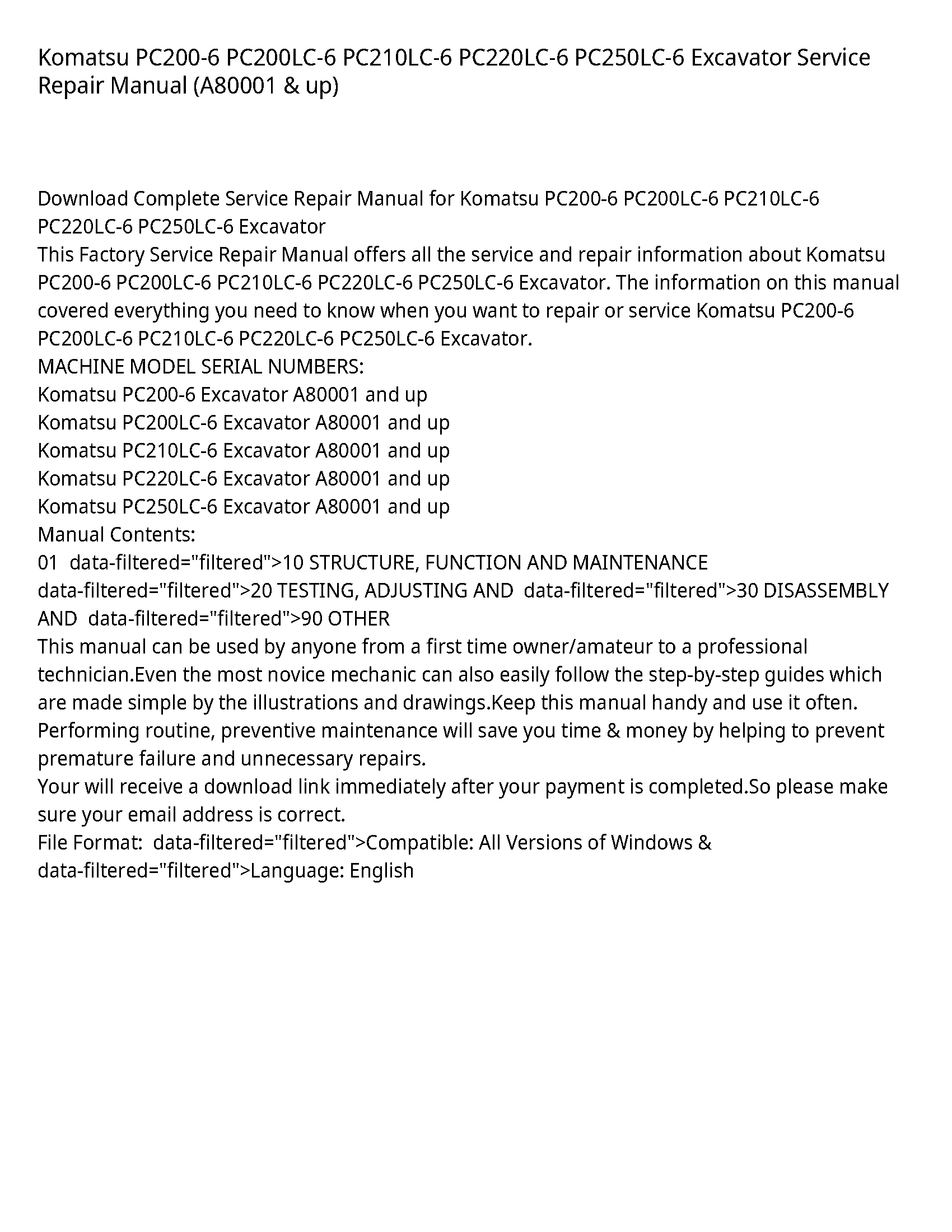 Komatsu PC200-6 PC200LC-6 PC210LC-6 PC220LC-6 PC250LC-6 Excavator Service Repair Manual (A80001 & up)