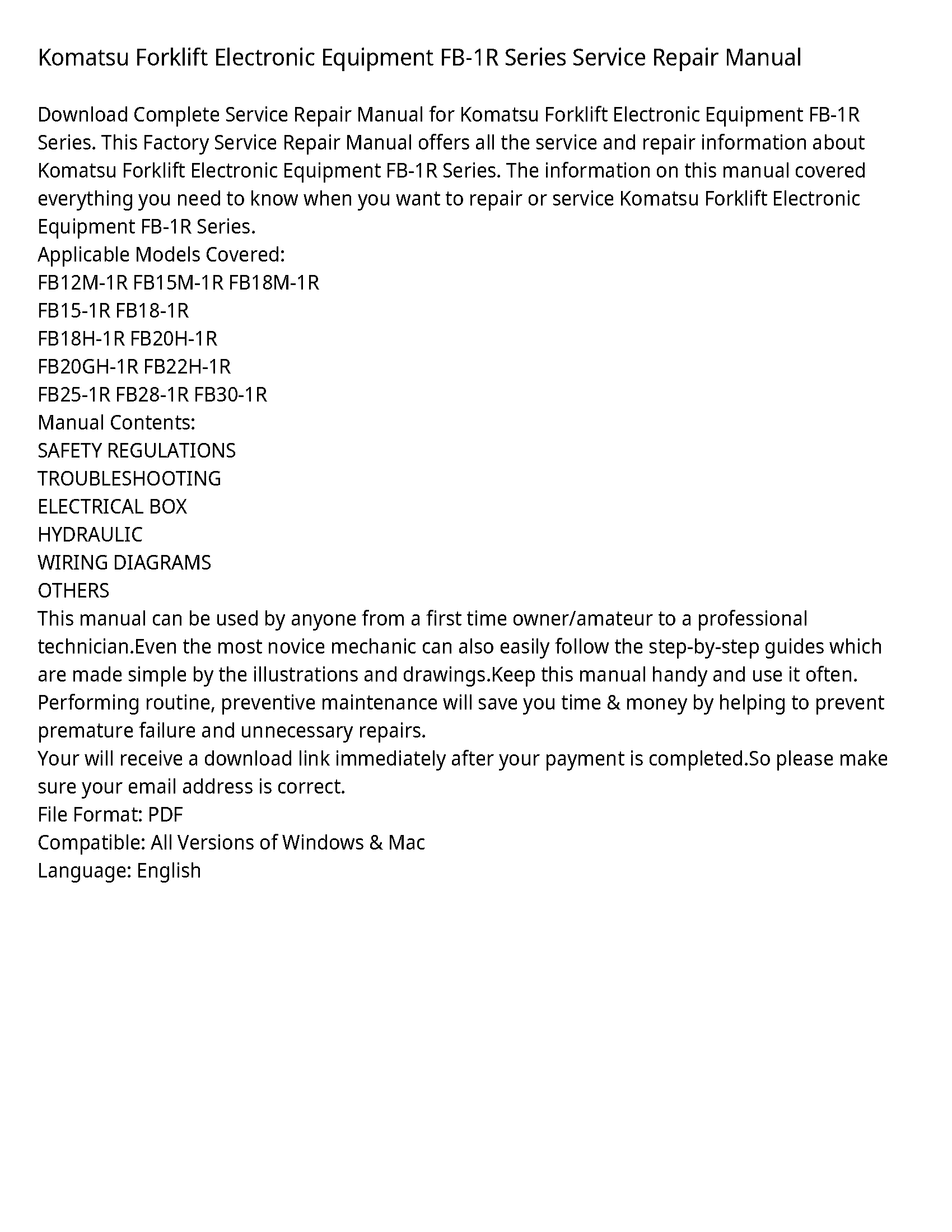 Komatsu Forklift Electronic Equipment FB-1R Series Service Repair Manual