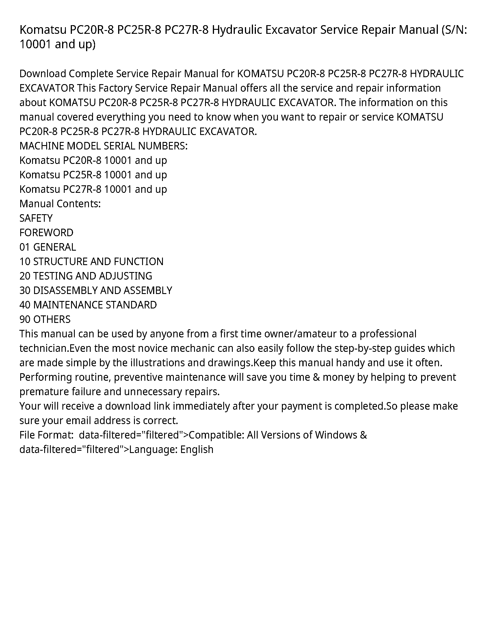 Komatsu PC20R-8 PC25R-8 PC27R-8 Hydraulic Excavator Service Repair Manual (S/N: 10001 and up)