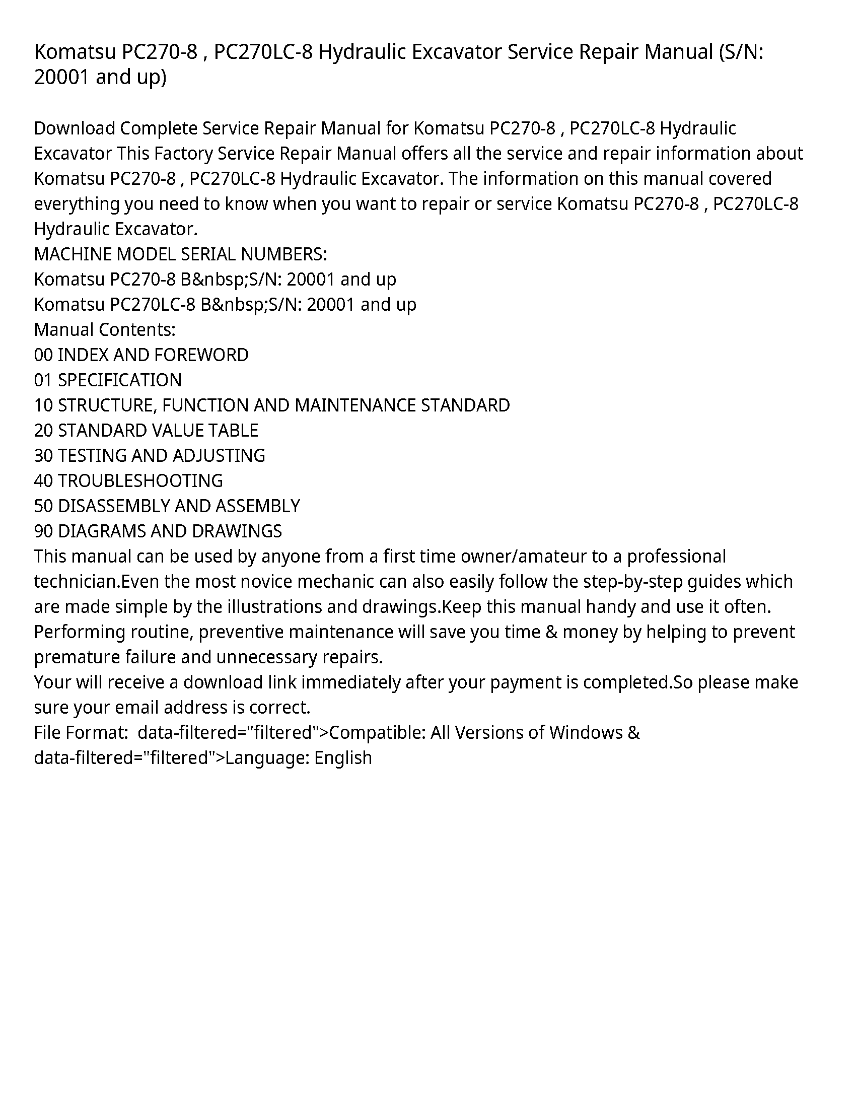 Komatsu PC270-8   PC270LC-8 Hydraulic Excavator Service Repair Manual (S/N: 20001 and up)