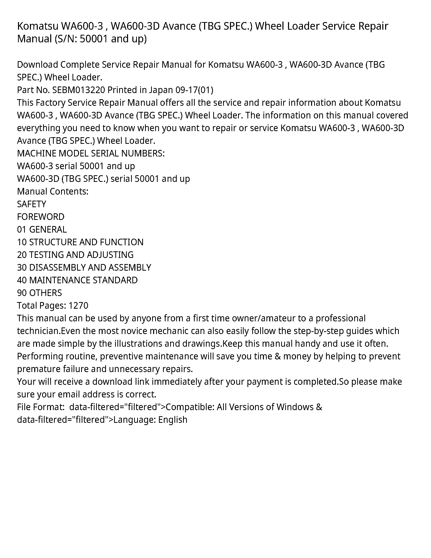 Komatsu WA600-3   WA600-3D Avance (TBG SPEC.) Wheel Loader Service Repair Manual (S/N: 50001 and up)