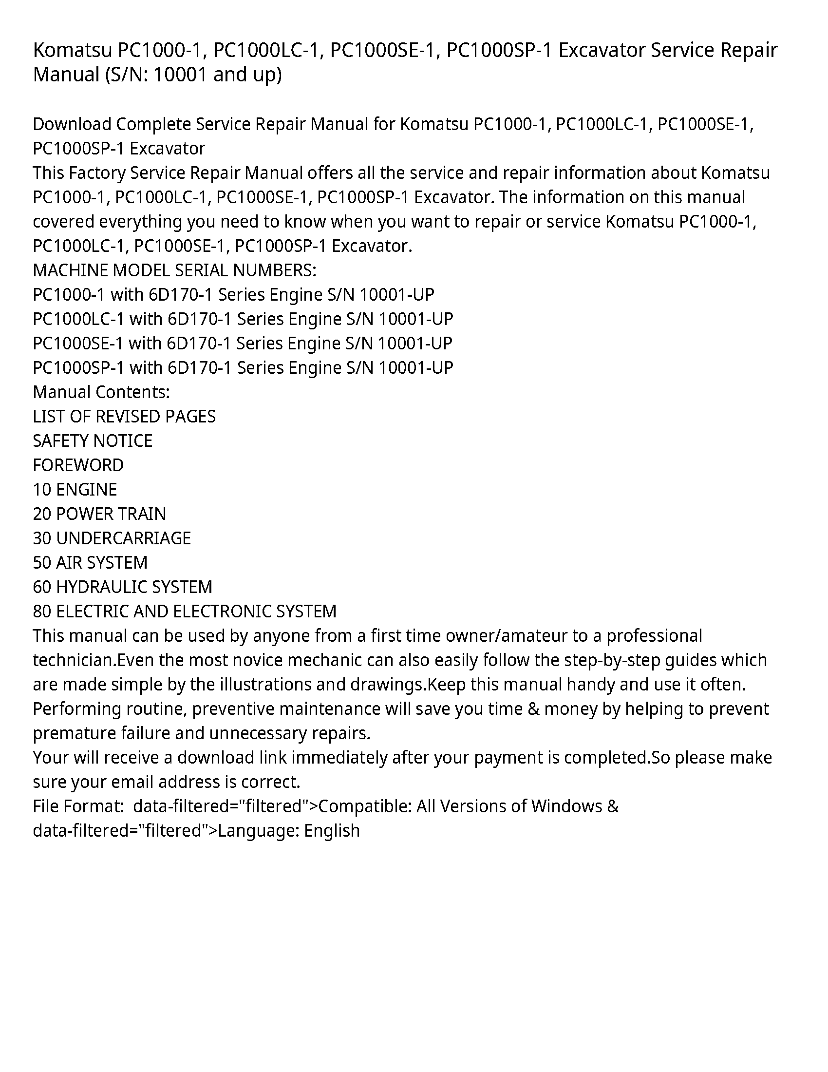 Komatsu PC1000-1  PC1000LC-1  PC1000SE-1  PC1000SP-1 Excavator Service Repair Manual (S/N: 10001 and up)