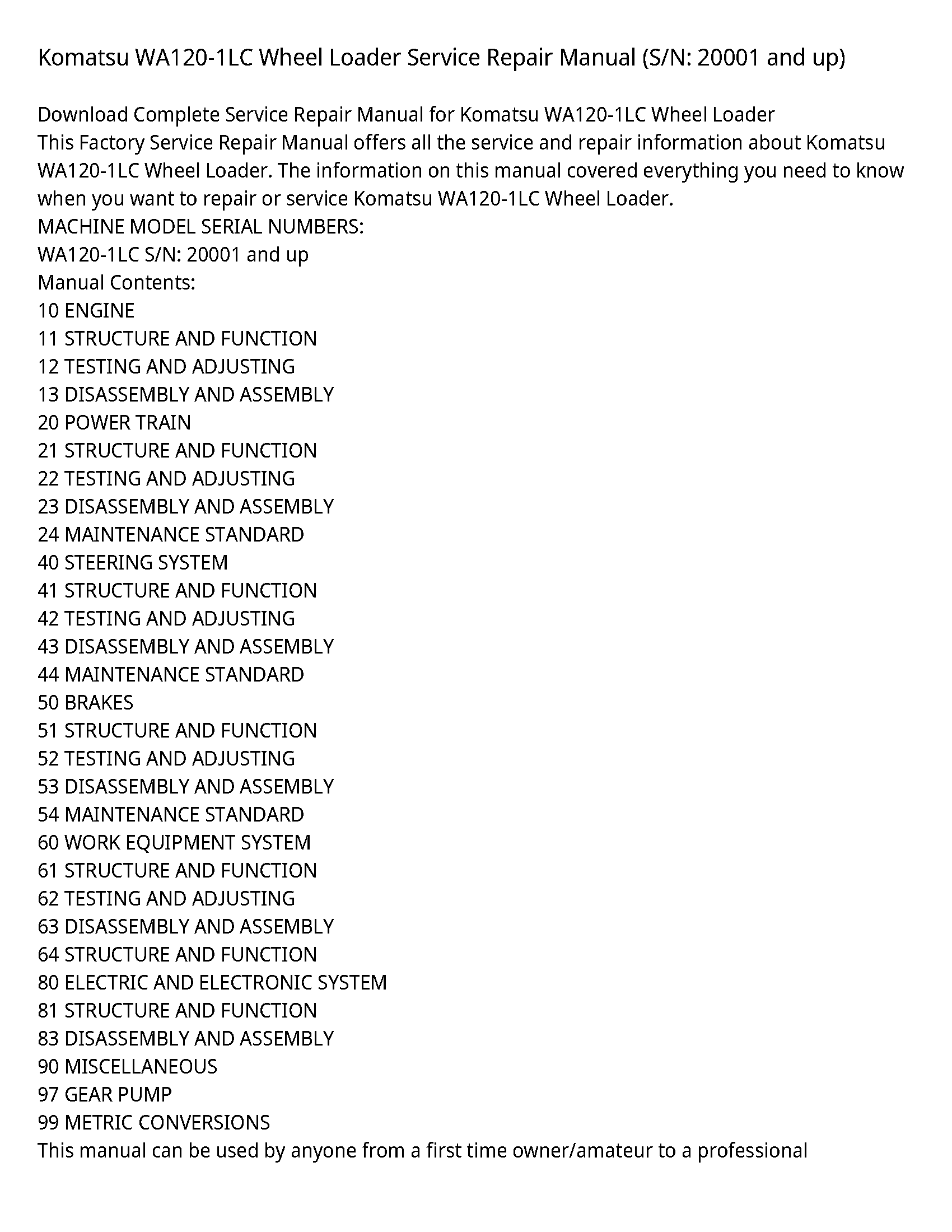 Komatsu WA120-1LC Wheel Loader Service Repair Manual (S/N: 20001 and up)