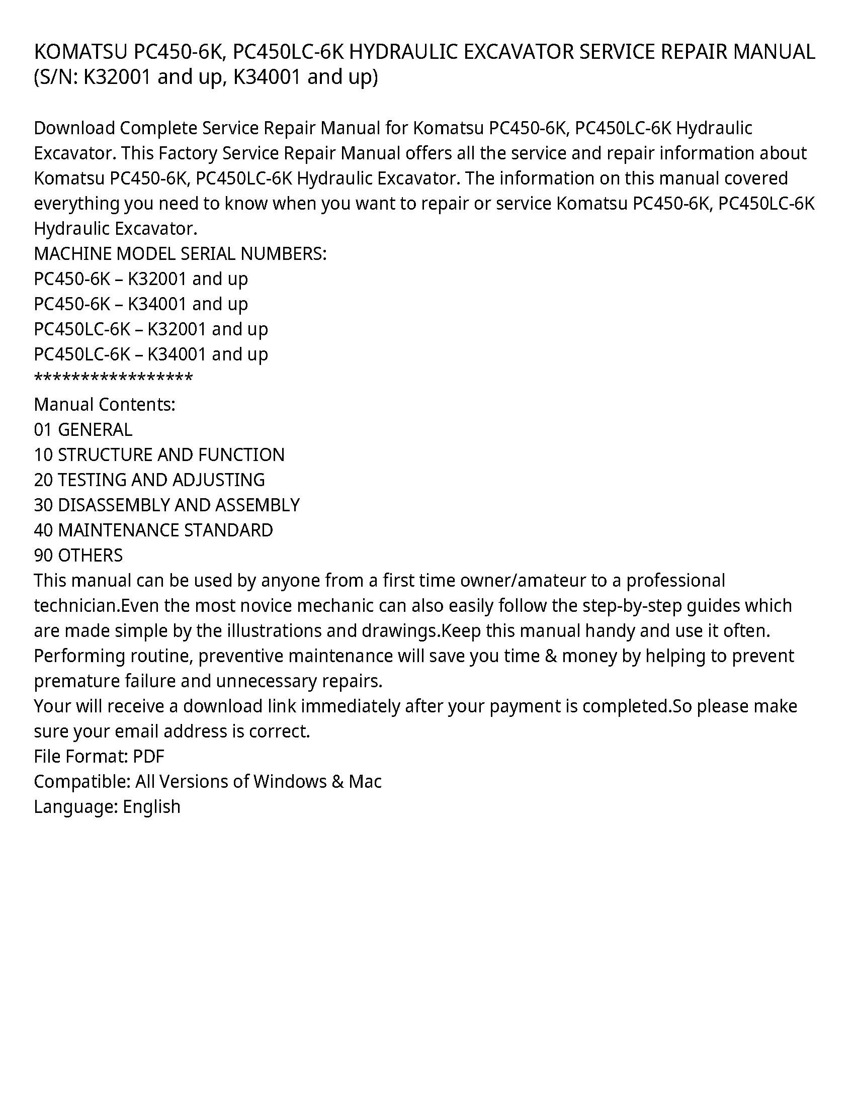 KOMATSU PC450-6K  PC450LC-6K HYDRAULIC EXCAVATOR SERVICE REPAIR MANUAL (S/N: K32001 and up  K34001 and up)