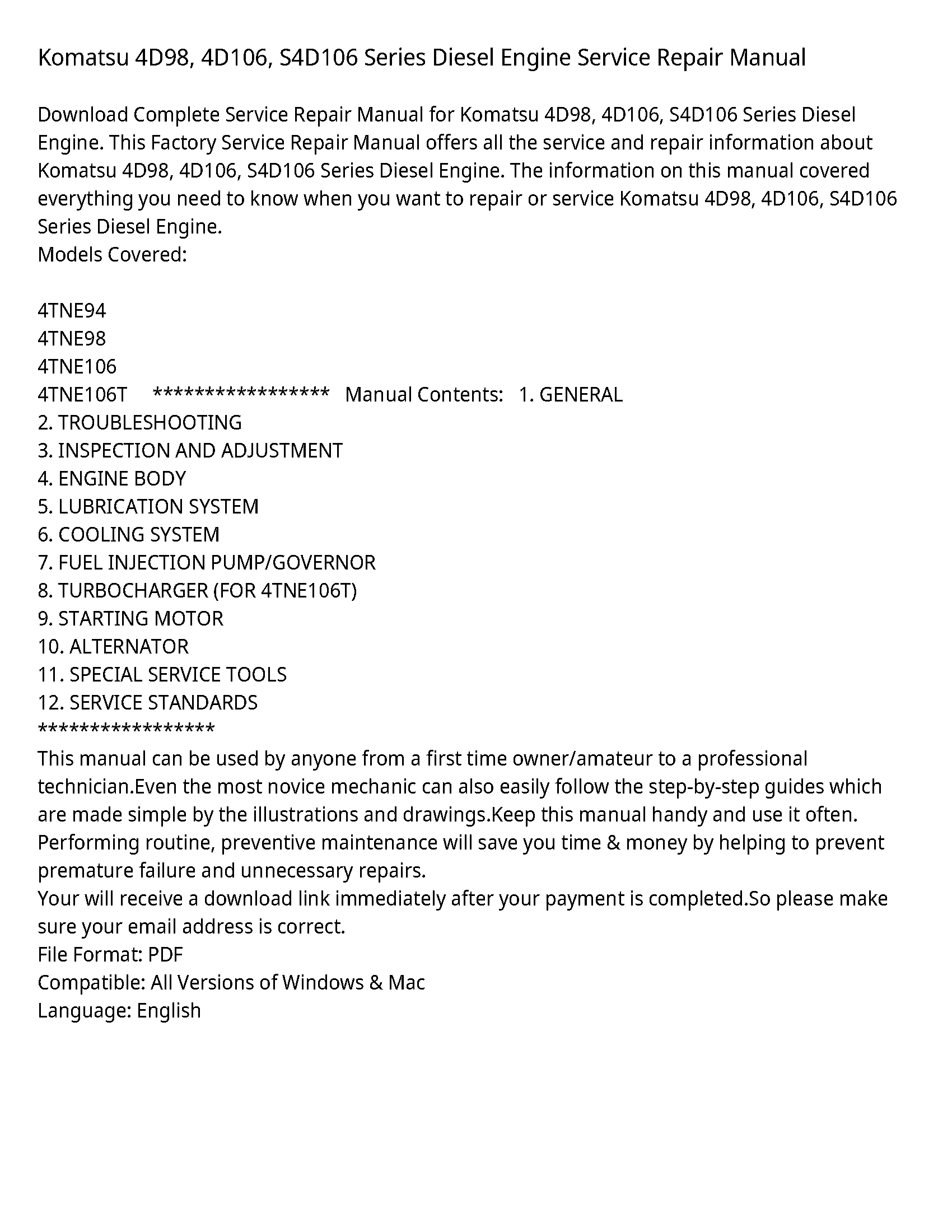 Komatsu 4D98  4D106  S4D106 Series Diesel Engine Service Repair Manual