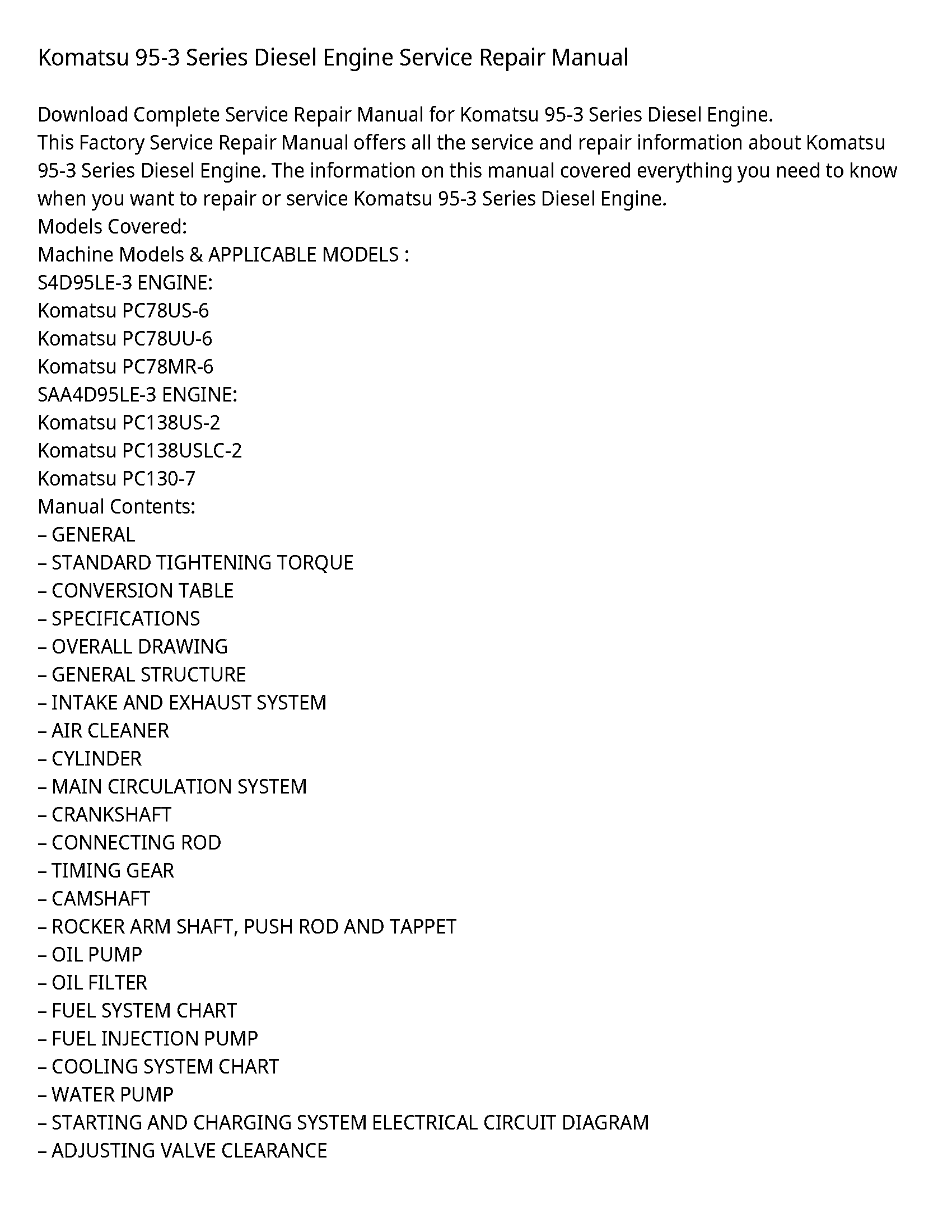 Komatsu 95-3 Series Diesel Engine Service Repair Manual