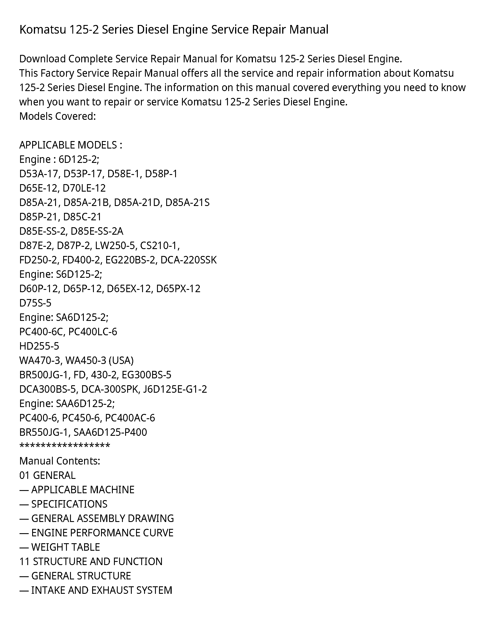 Komatsu 125-2 Series Diesel Engine Service Repair Manual