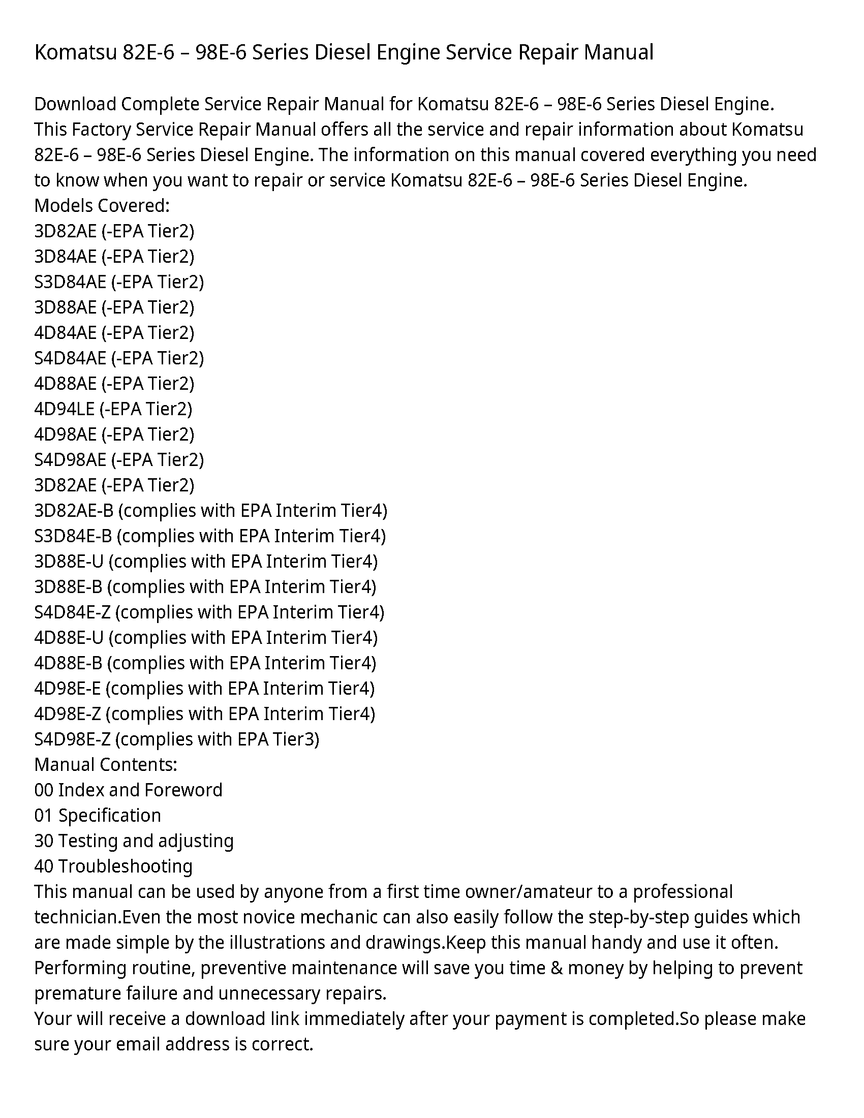 Komatsu 82E-6 вЂ“ 98E-6 Series Diesel Engine Service Repair Manual