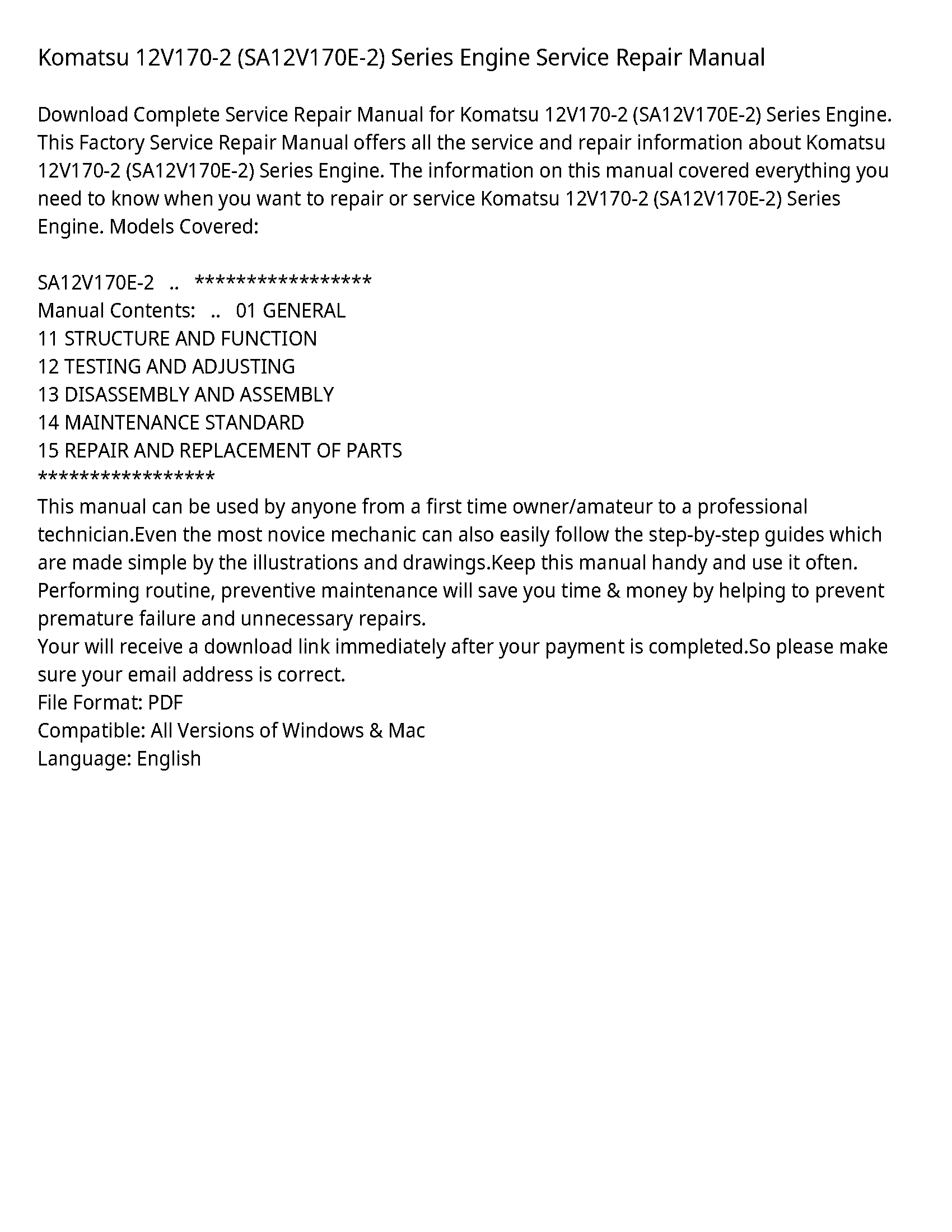 Komatsu 12V170-2 (SA12V170E-2) Series Engine Service Repair Manual